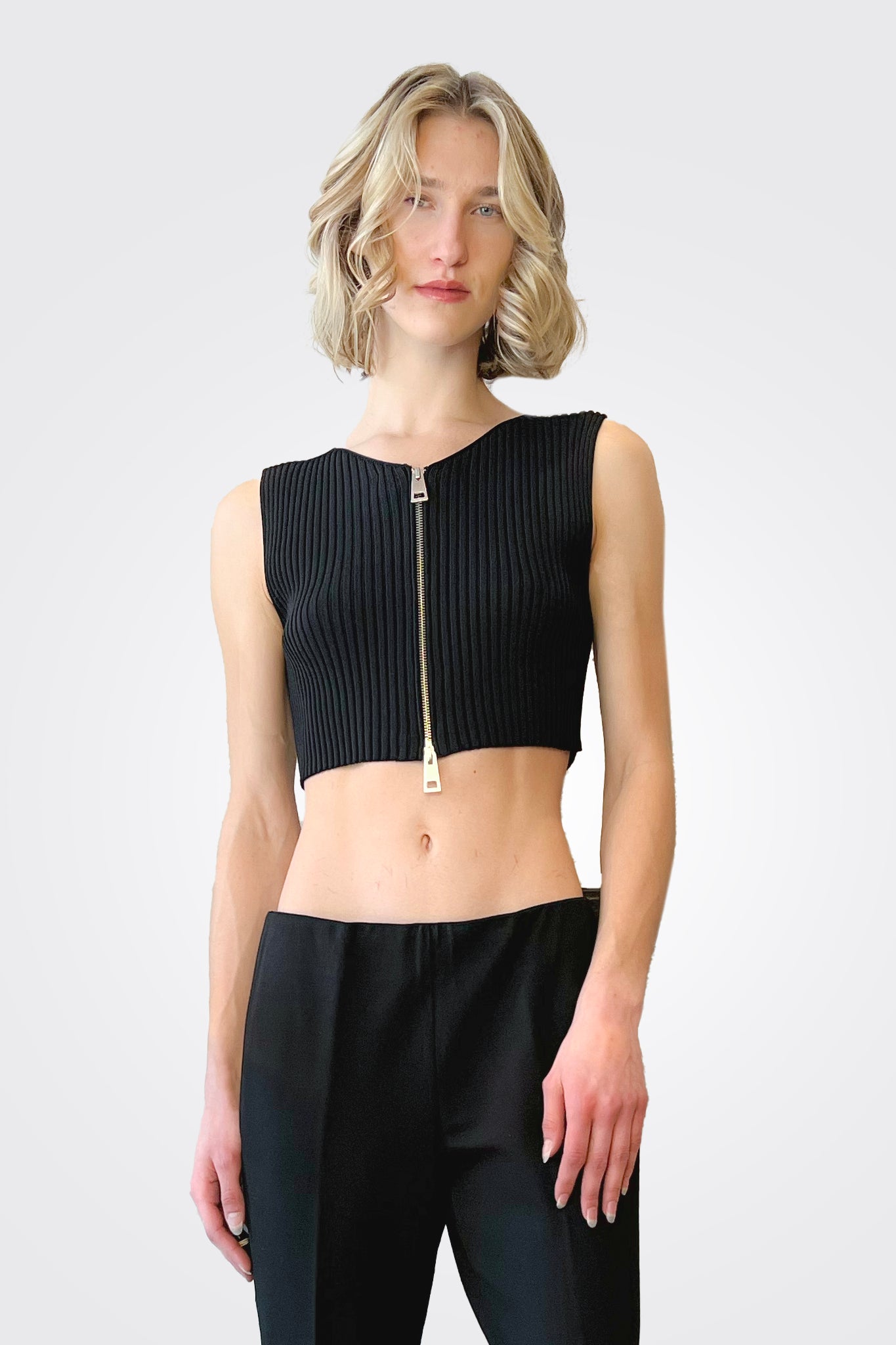Cropped Ribbed Zip Top - Black by Liviana Conti — view 3