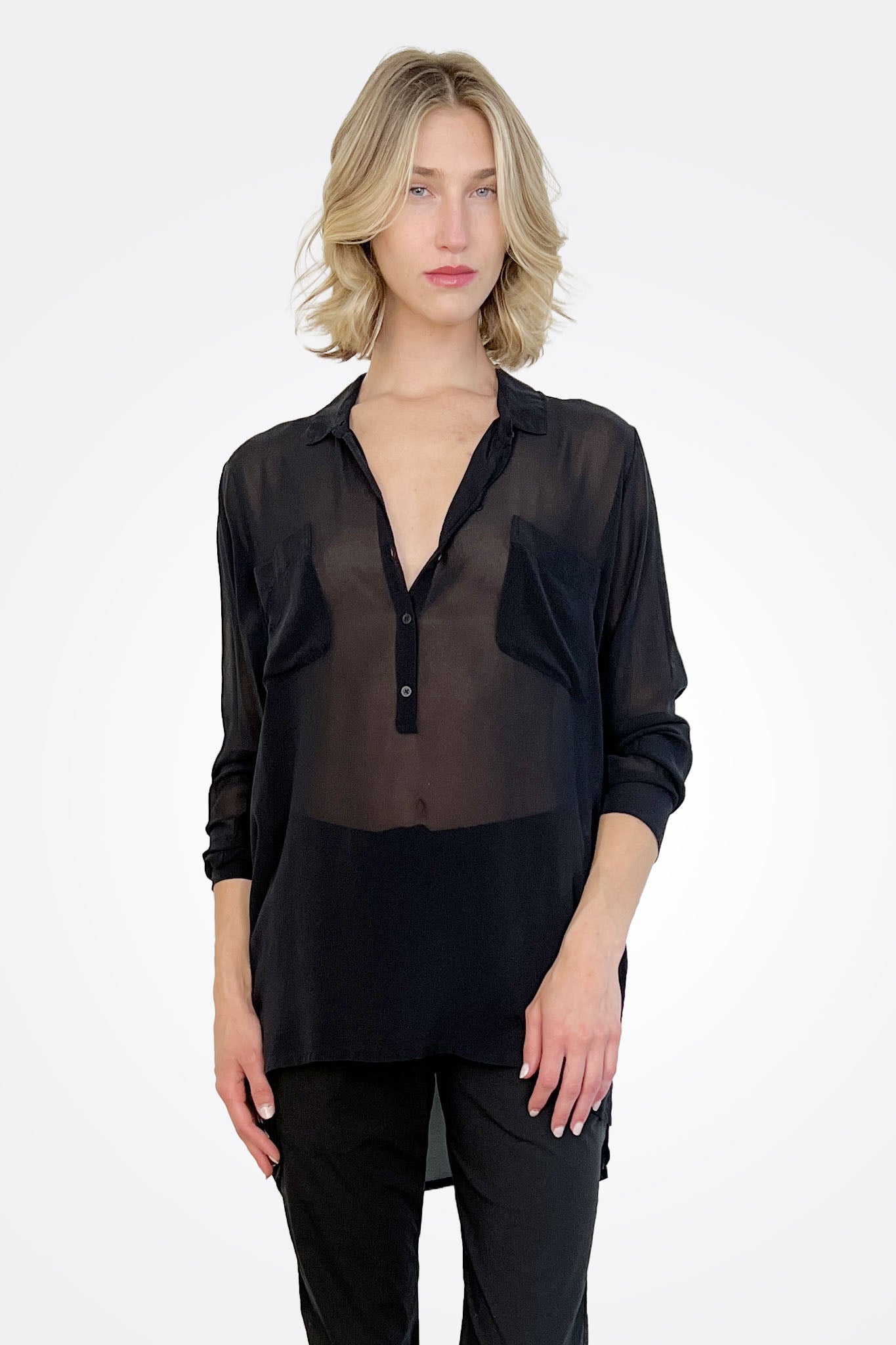 Pocket Oversized Silk Button Down - Black by Private 0204 — alternate view