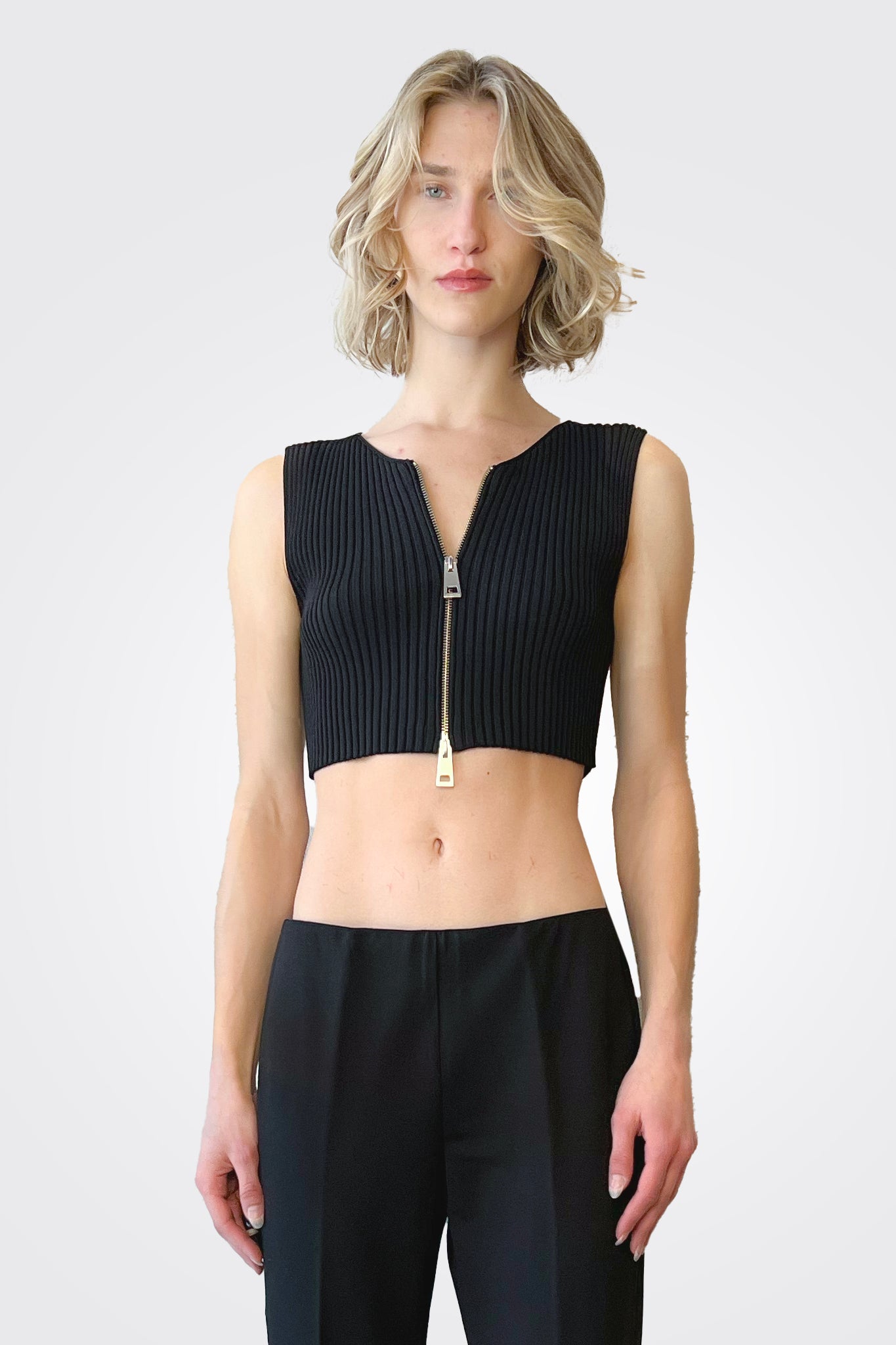 Cropped Ribbed Zip Top - Black by Liviana Conti — alternate view