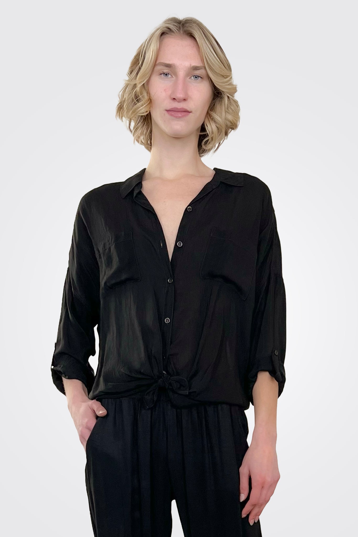 Cargo Pocket Tie Front Top - Black by Maven West | 25 South Boutiques