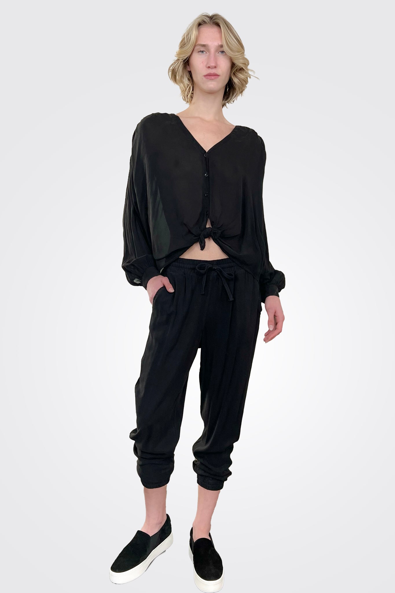 V Neck Tie Front Top - Black by Maven West — view 3