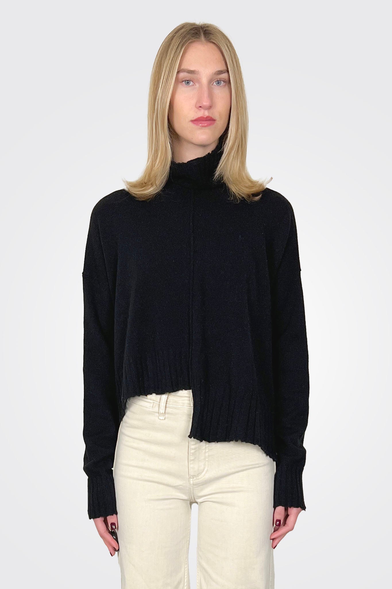 Crop Raw Edge Asym Mockneck Pullover - Black by Serie Numerica | 25 South Boutiques