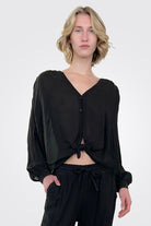 V Neck Tie Front Top - Black by Maven West | 25 South Boutiques