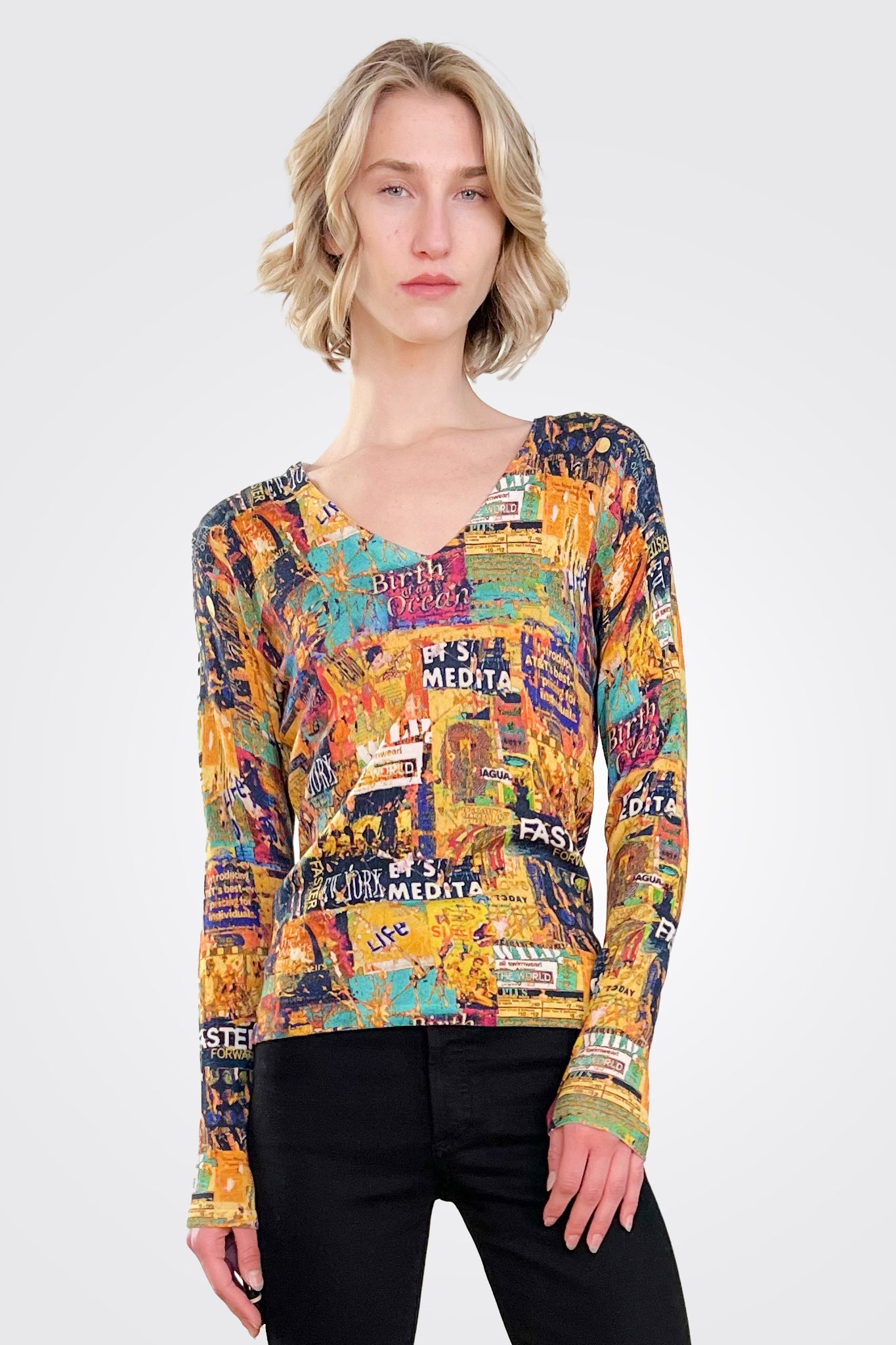 V Neck Long Sleeve Shirt - Flamee Blue by Printed Artworks | 25 South Boutiques