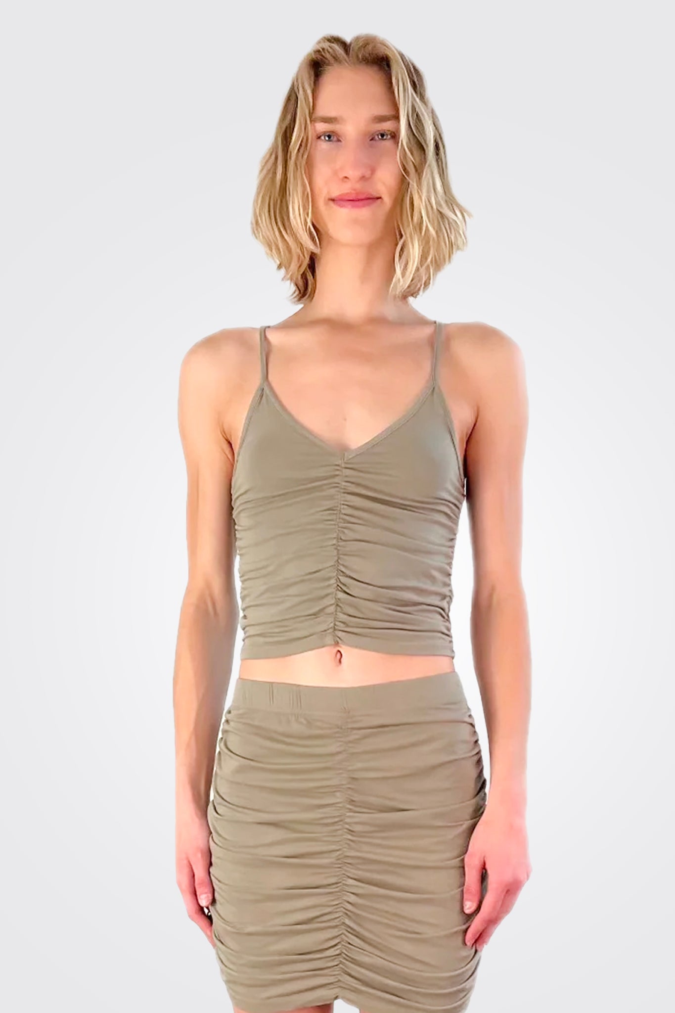 V Neck Shirred Cami - Basil by Bobi | 25 South Boutiques