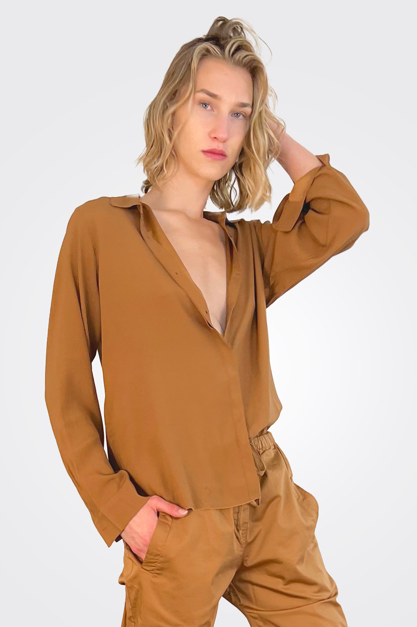 Silk Satin Shirt - Camel by Kristensen — alternate view