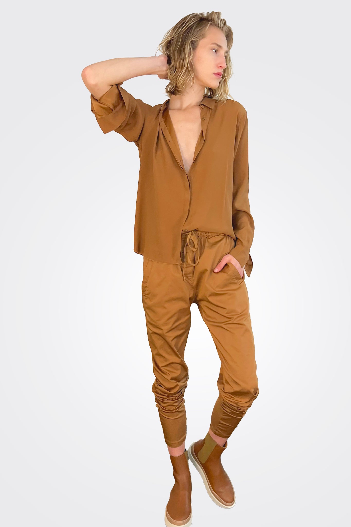 Silk Satin Shirt - Camel by Kristensen — view 4