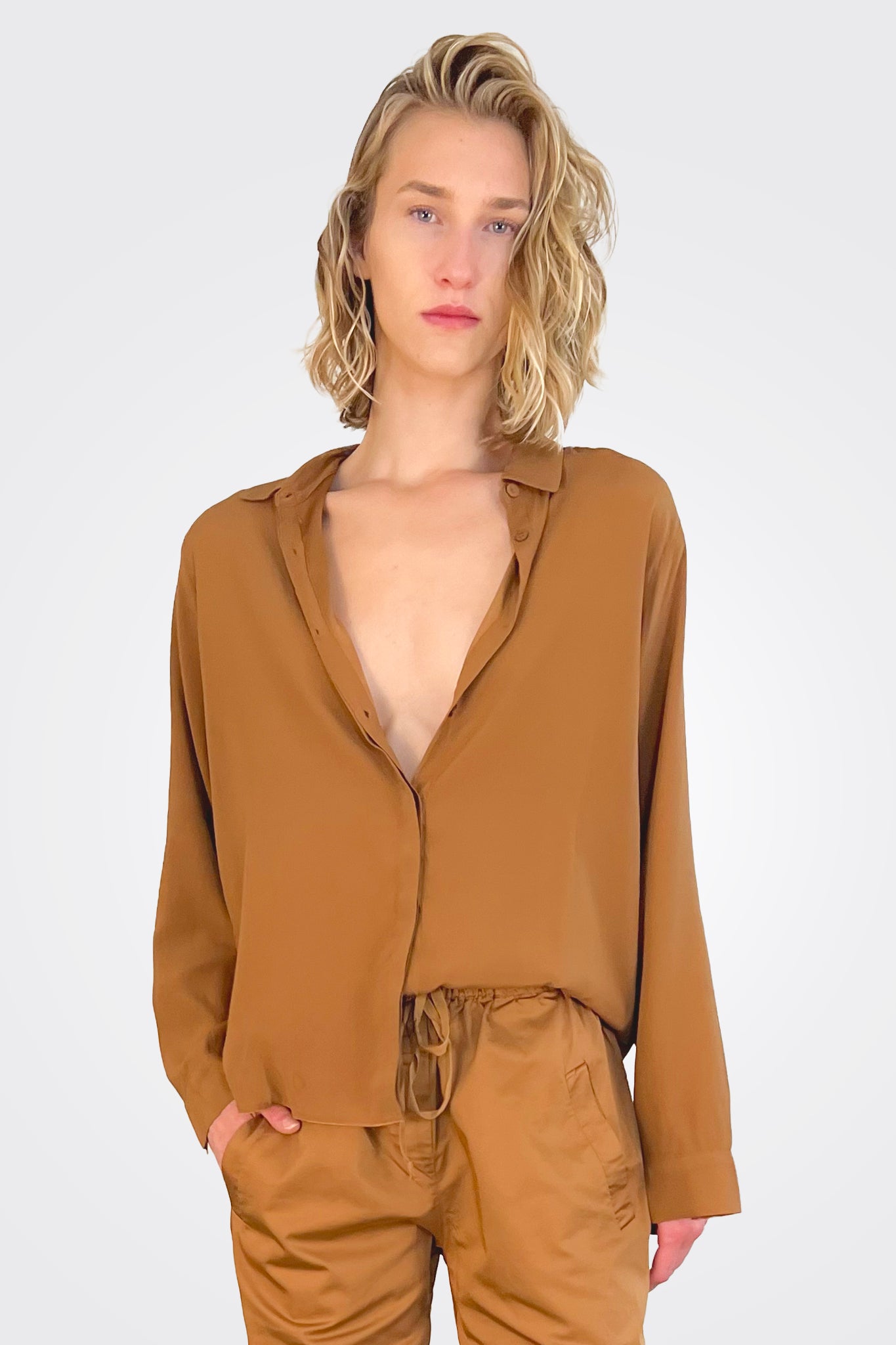 Silk Satin Shirt - Camel by Kristensen — view 3