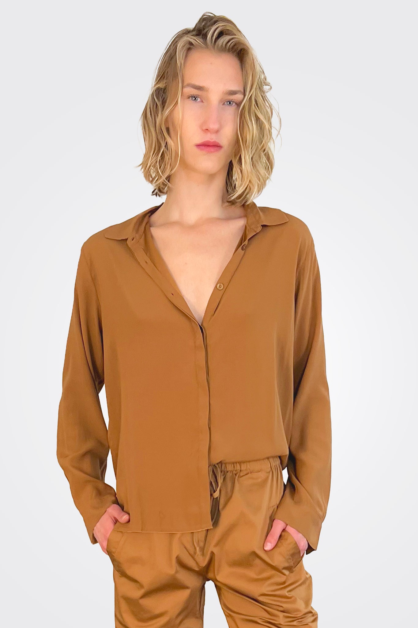 Silk Satin Shirt - Camel by Kristensen | 25 South Boutiques