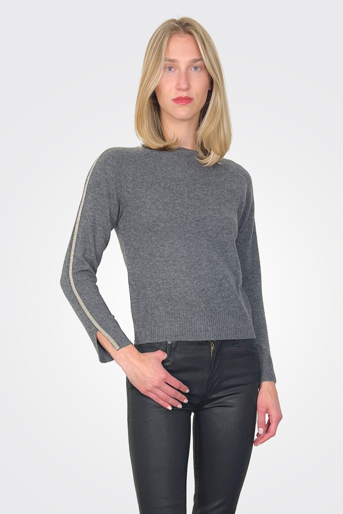 Glitz Split Cuff Crew - Derby Grey by Brodie Cashmere — alternate view