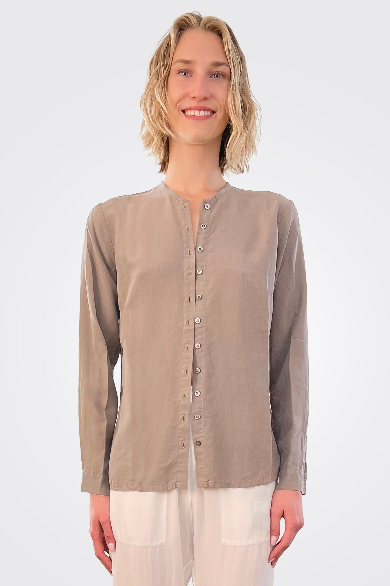 Collarless Button Down Silk Shirt - Brownish by Private 0204 | 25 South Boutiques