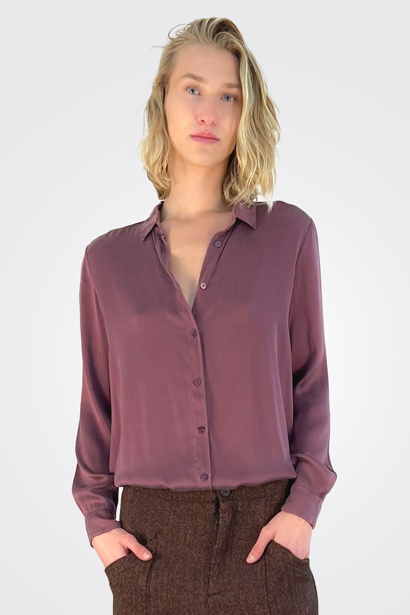 Stretch Satin Silk Shirt - Burgundy by Transit Par-Such | 25 South Boutiques