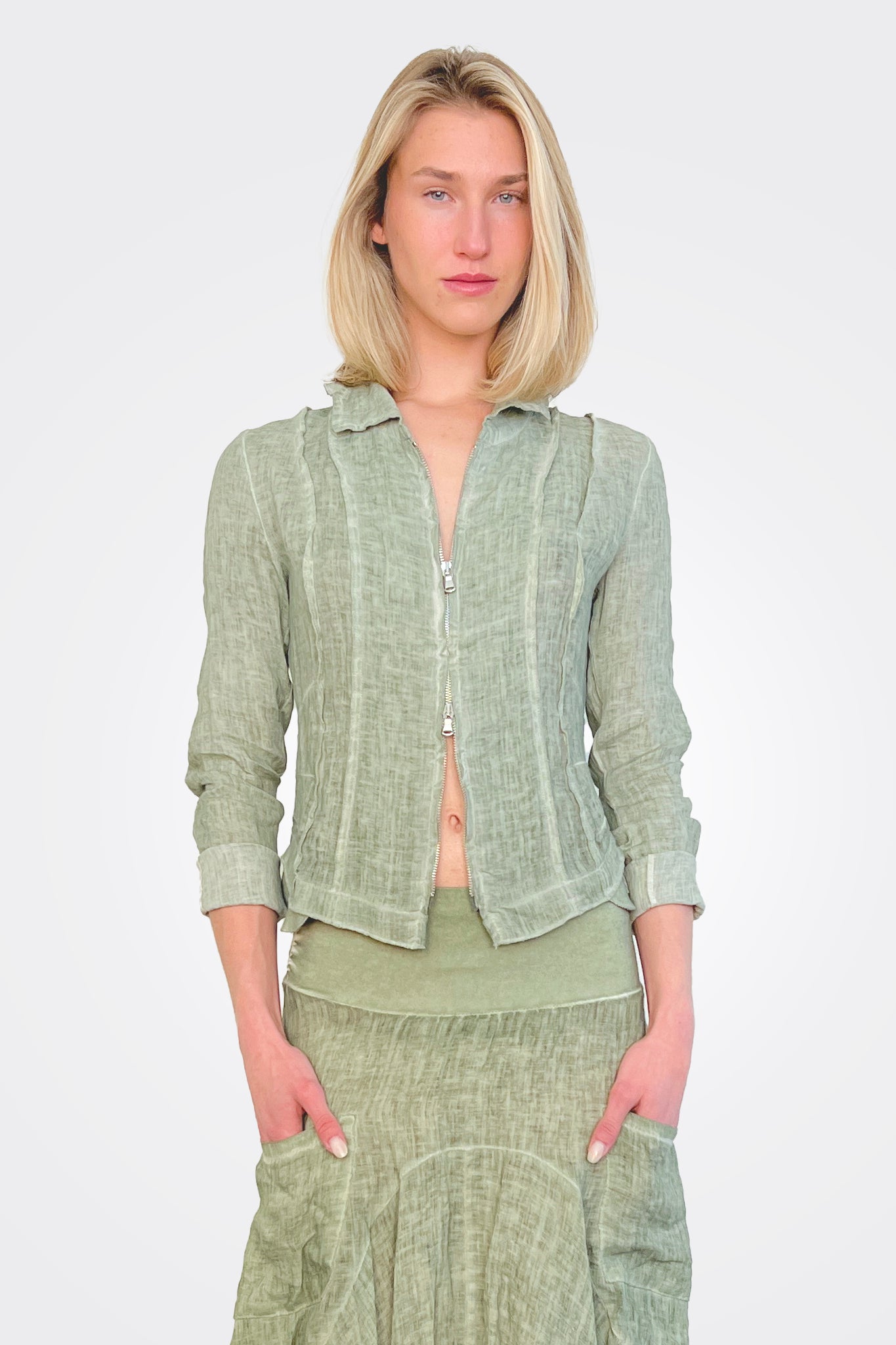Linen Zip Jacket - Cactus by Inizio | 25 South Boutiques