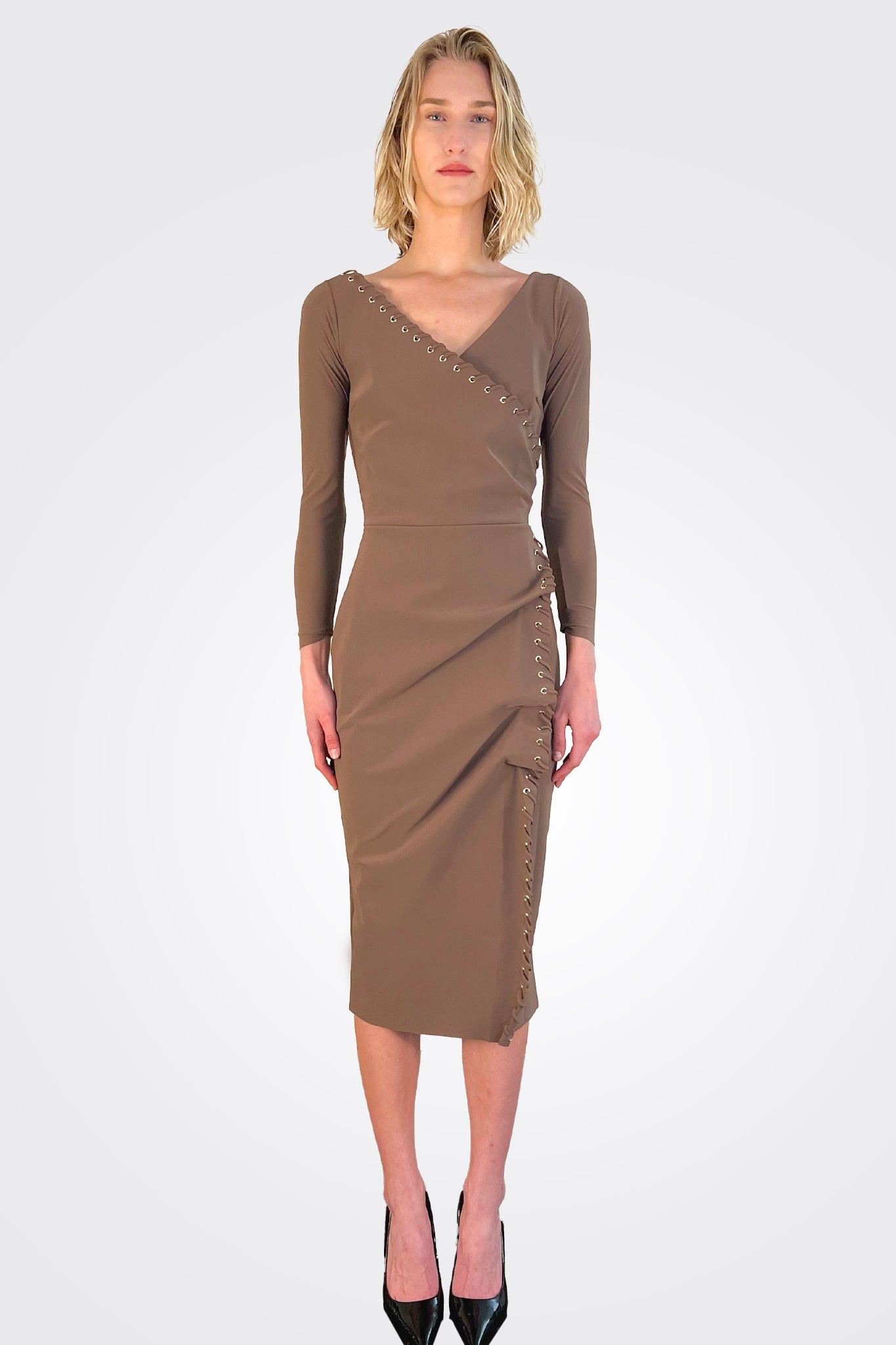 Elma Long Sleeve Faux Wrap Cocktail Dress - Cafe Au Lait by Chiara Boni | 25 South Boutiques