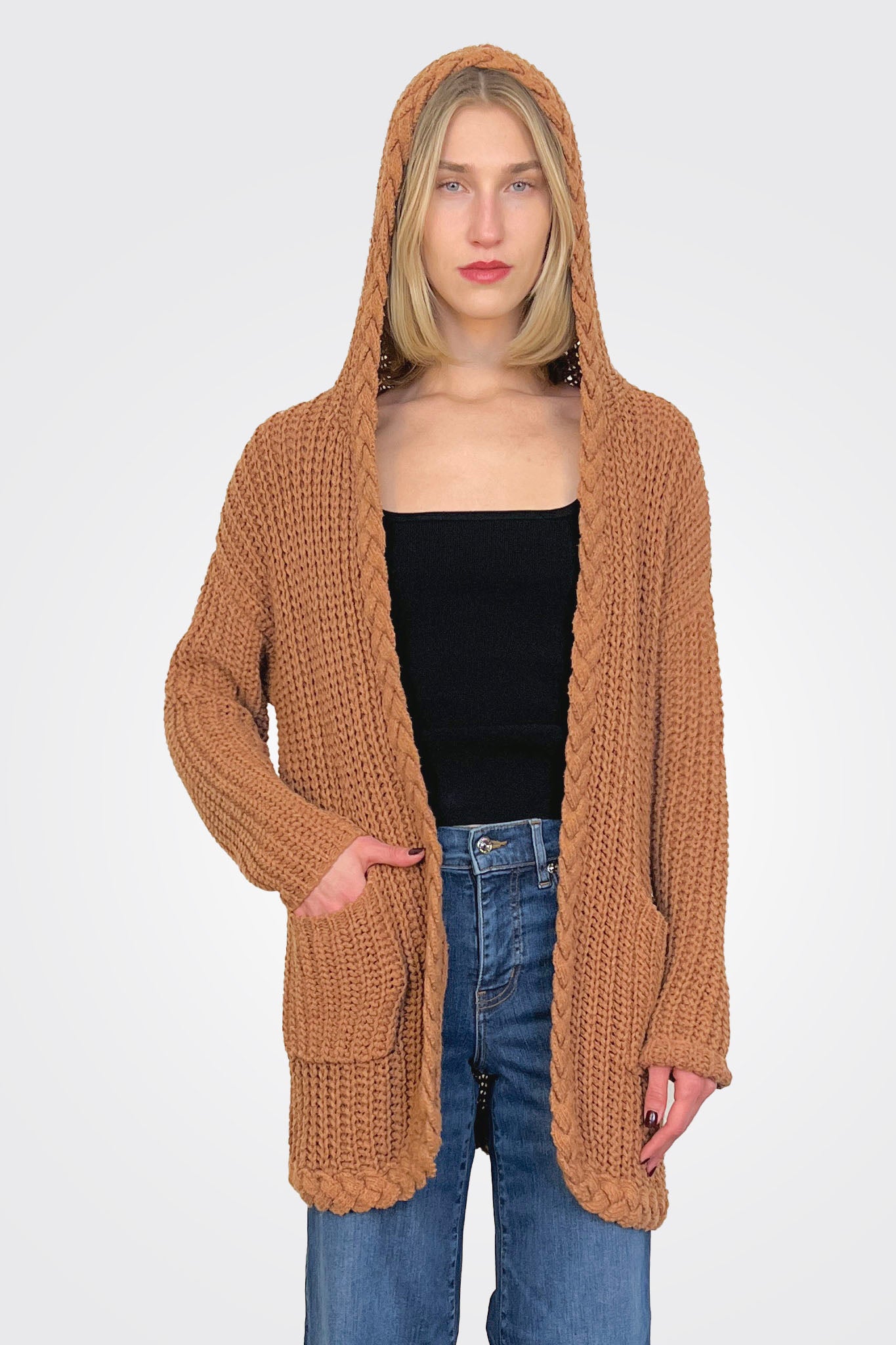 Knit Hooded Cardigan - Camel by The Nu Vintage — alternate view