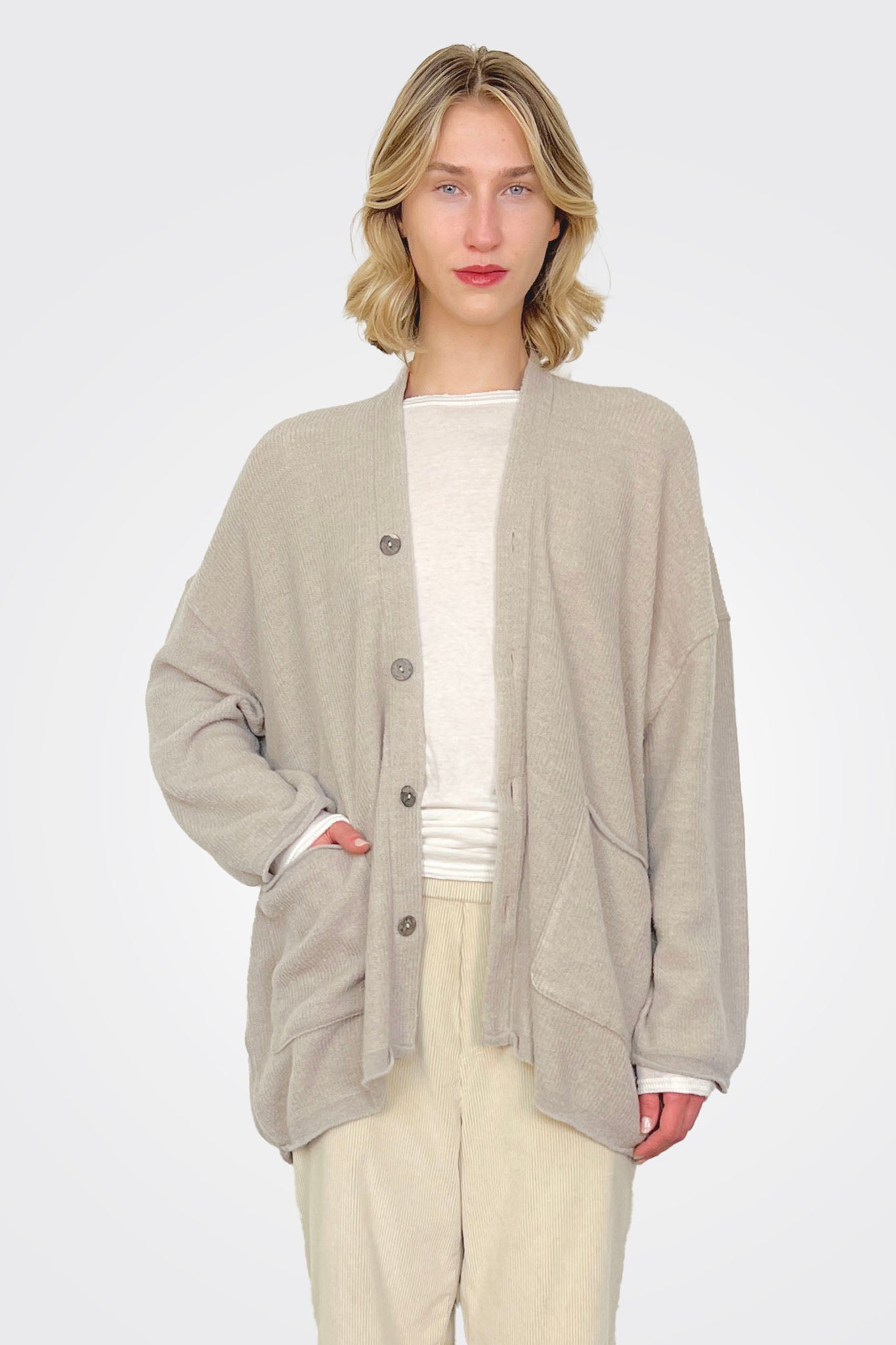 Fine Boucle Knit Cardigan - Greige by Pas de Calais — alternate view