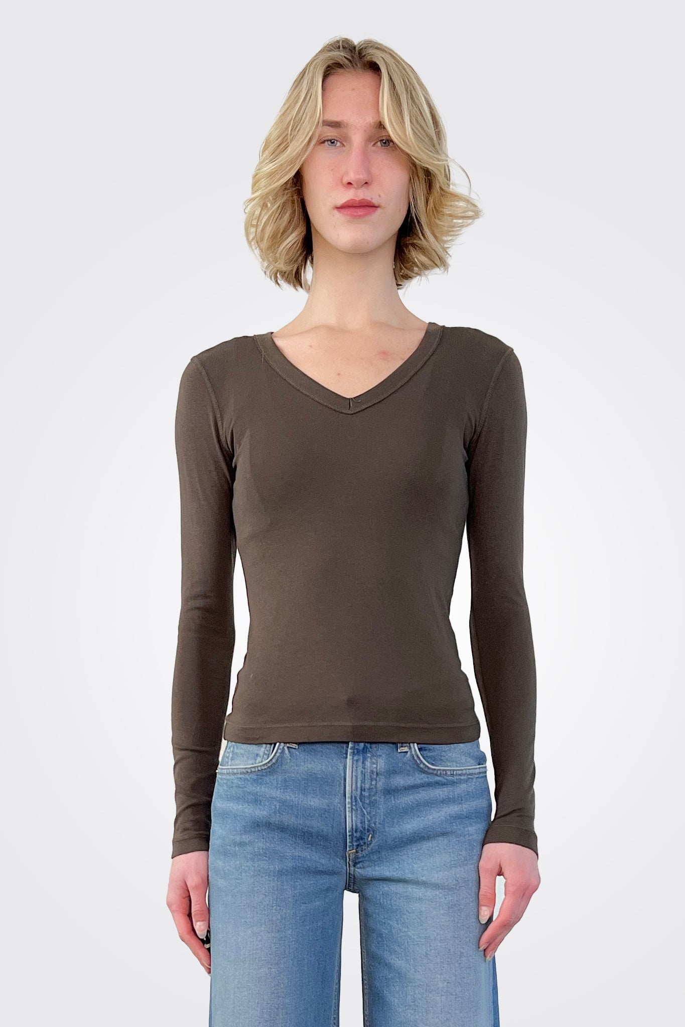 Luxe Long Sleeve V Neck - Chocolate by Crown Jewel — alternate view