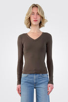 Luxe Long Sleeve V Neck - Chocolate by Crown Jewel — alternate view