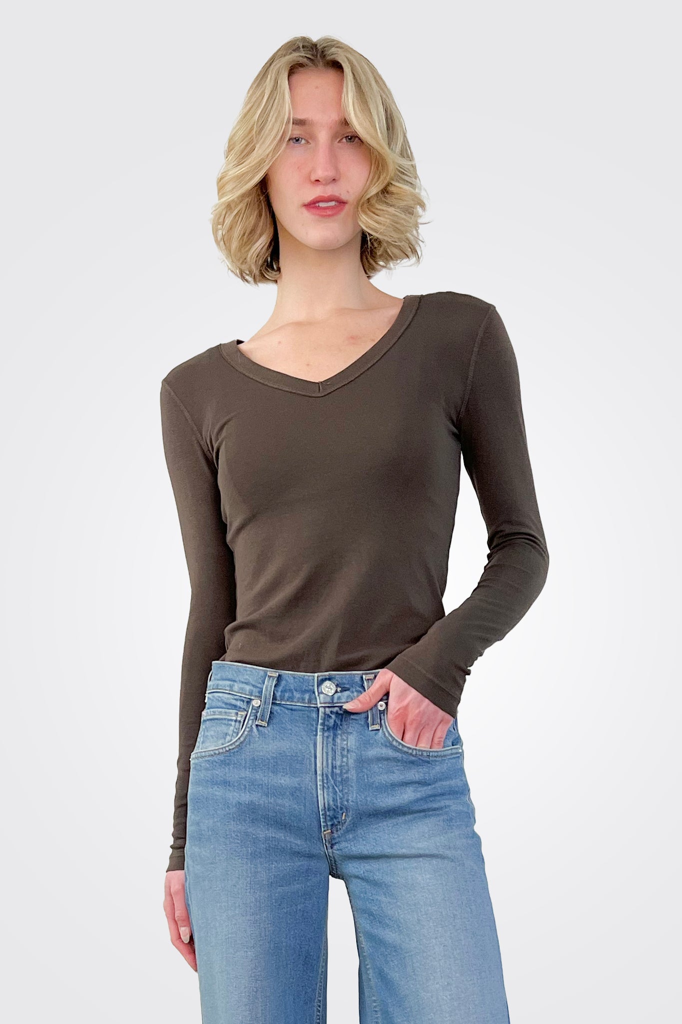 Luxe Long Sleeve V Neck - Chocolate by Crown Jewel | 25 South Boutiques
