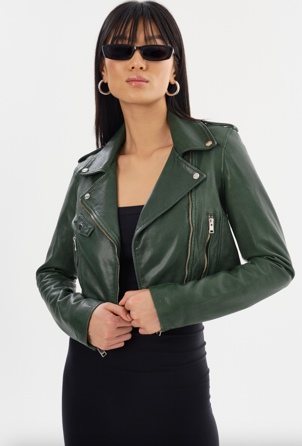 Ciara Leather Crop Moto Jacket - Alpine Green by LAMARQUE — alternate view