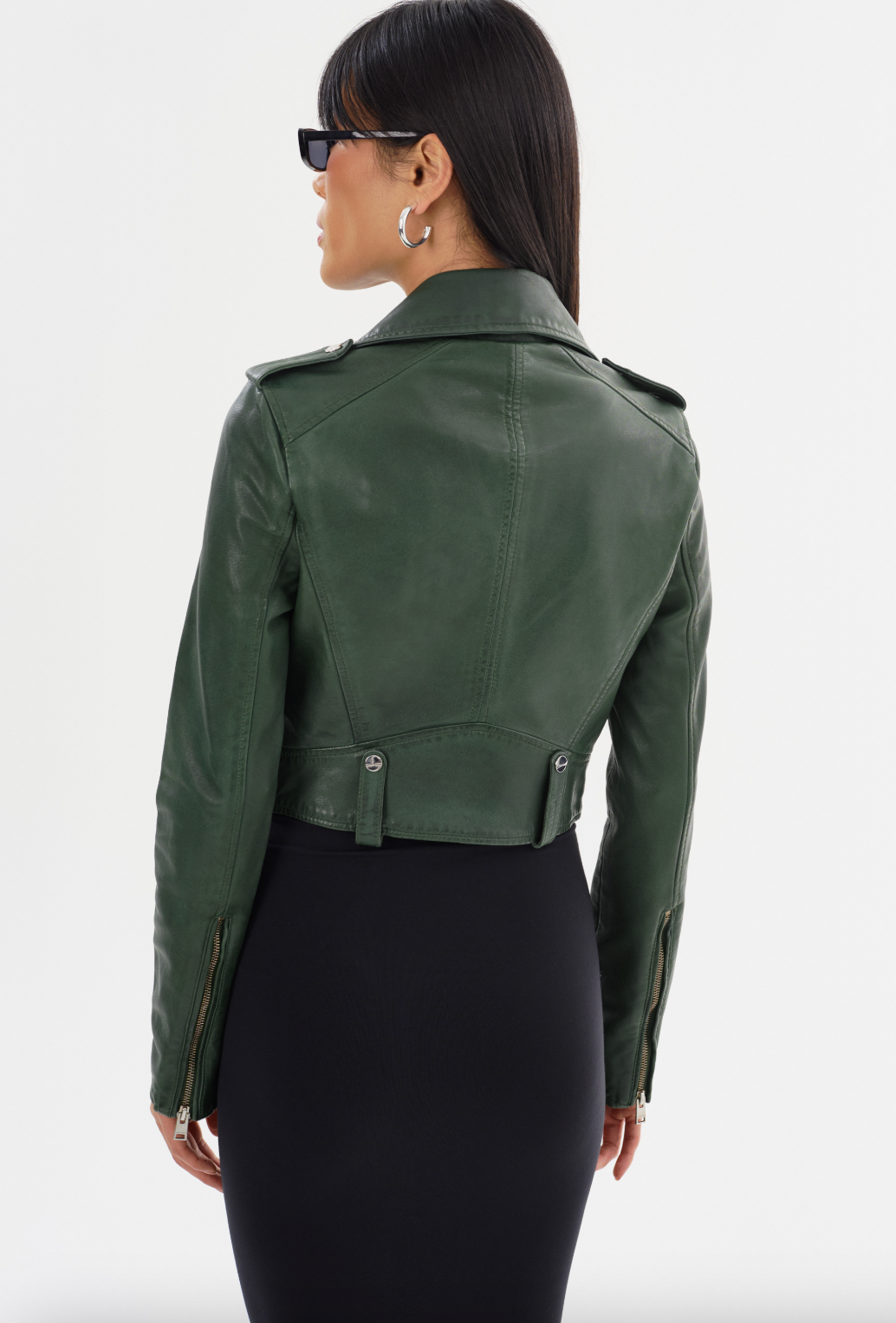 Ciara Leather Crop Moto Jacket - Alpine Green by LAMARQUE — view 4