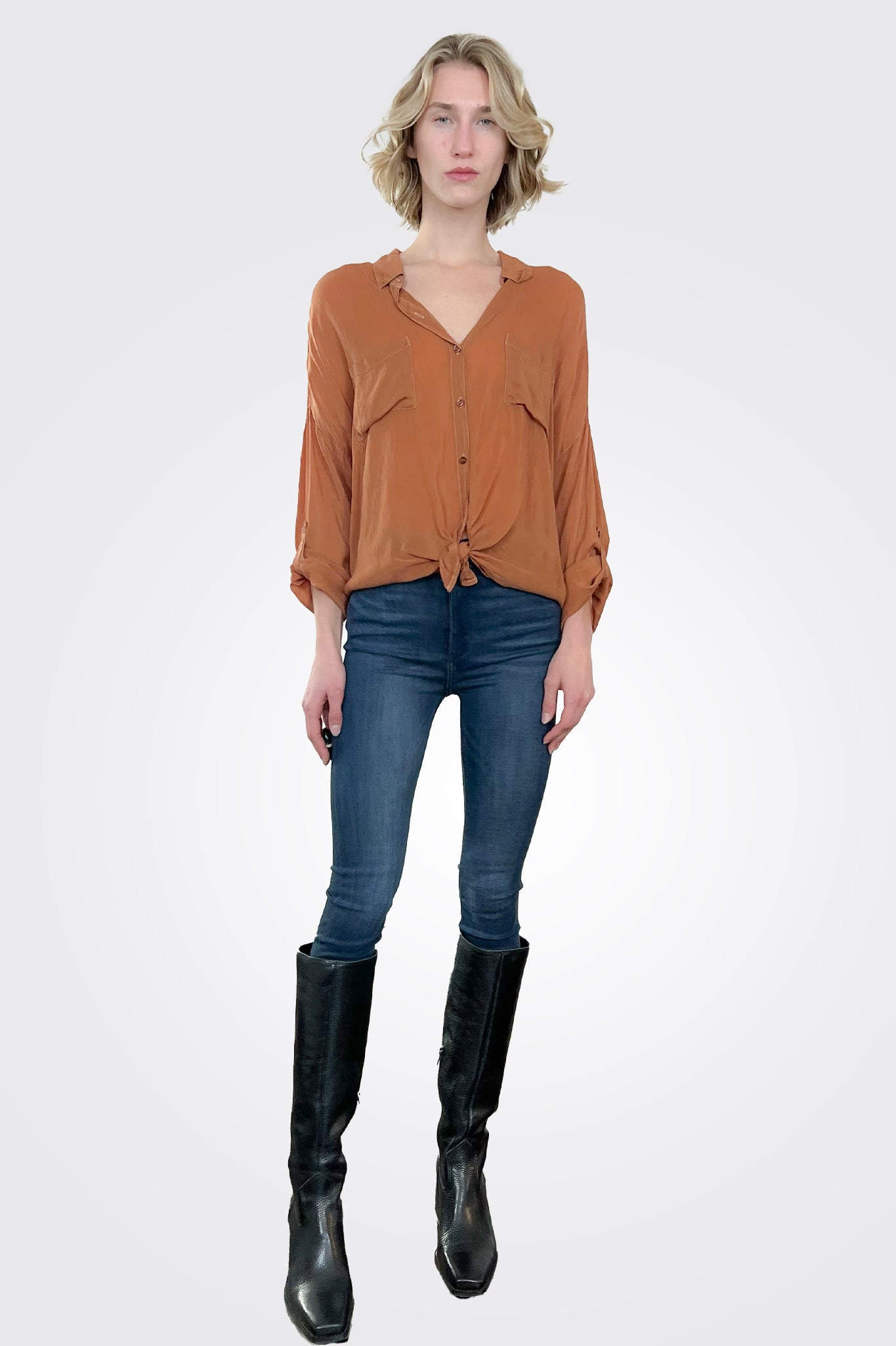 Cargo Pocket Tie Front Top - Copper by Maven West — view 3