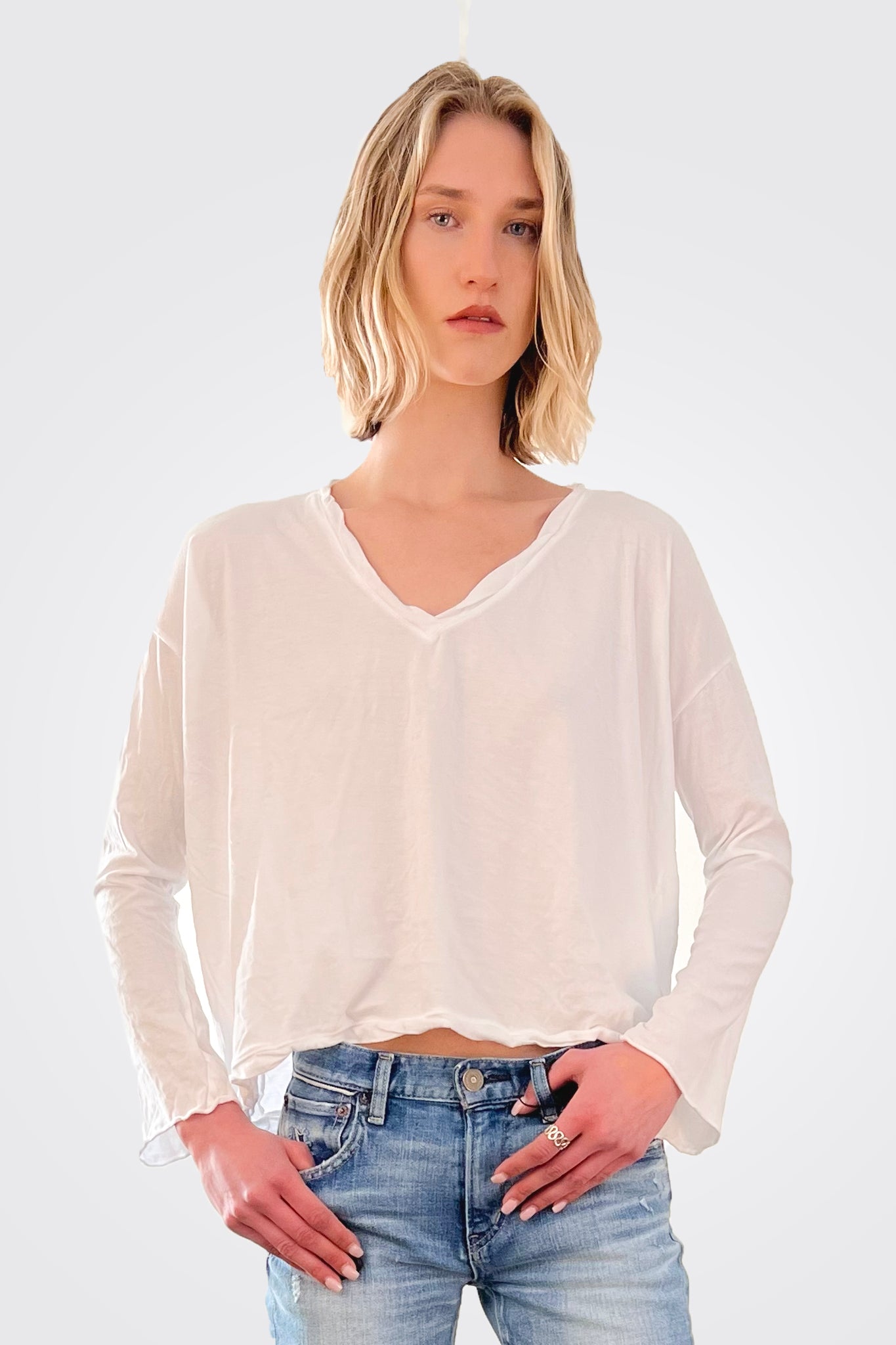 V Neck Boxy Crop Shirt - White by CP Shades | 25 South Boutiques
