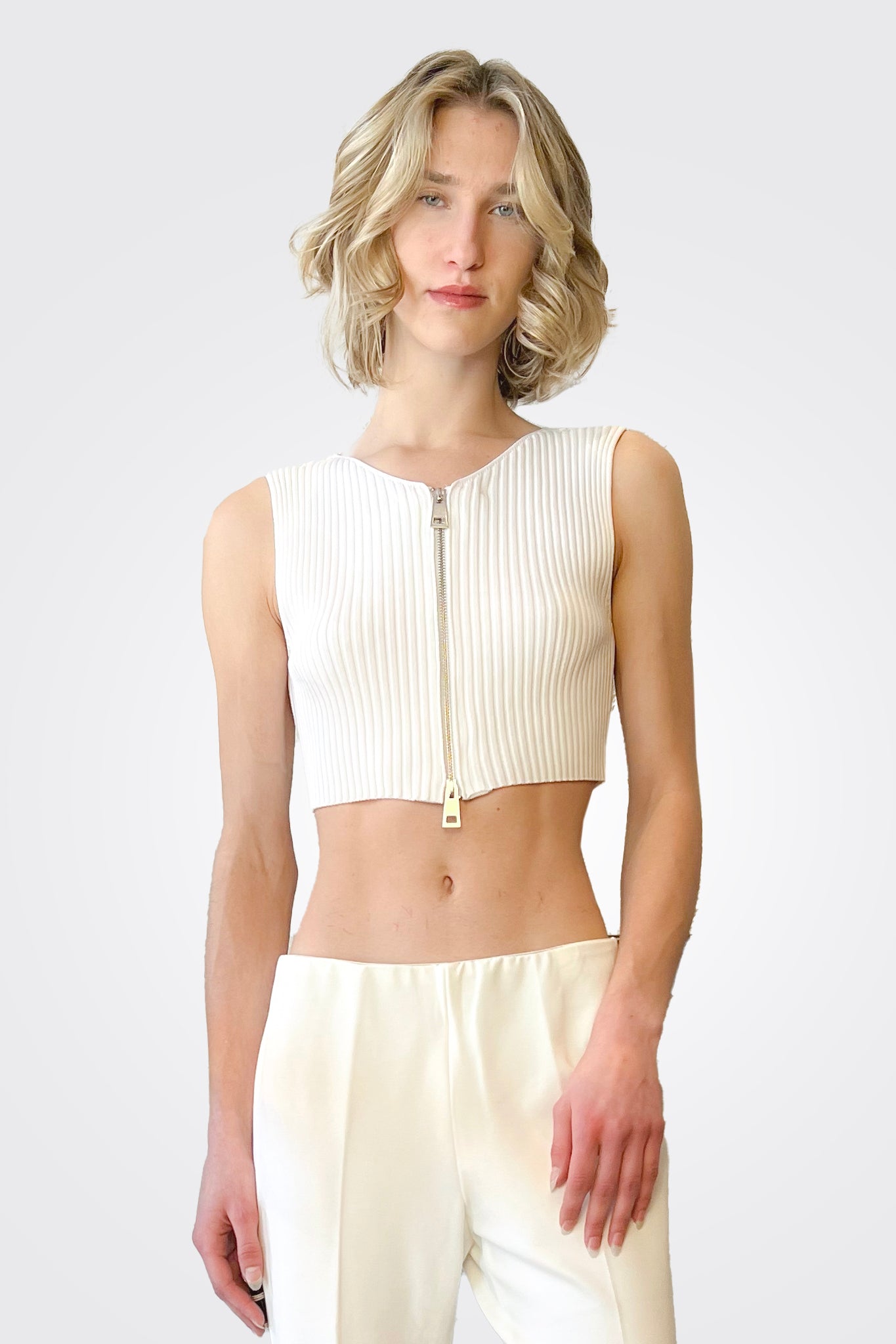 Cropped Ribbed Zip Top - Cream by Liviana Conti — alternate view