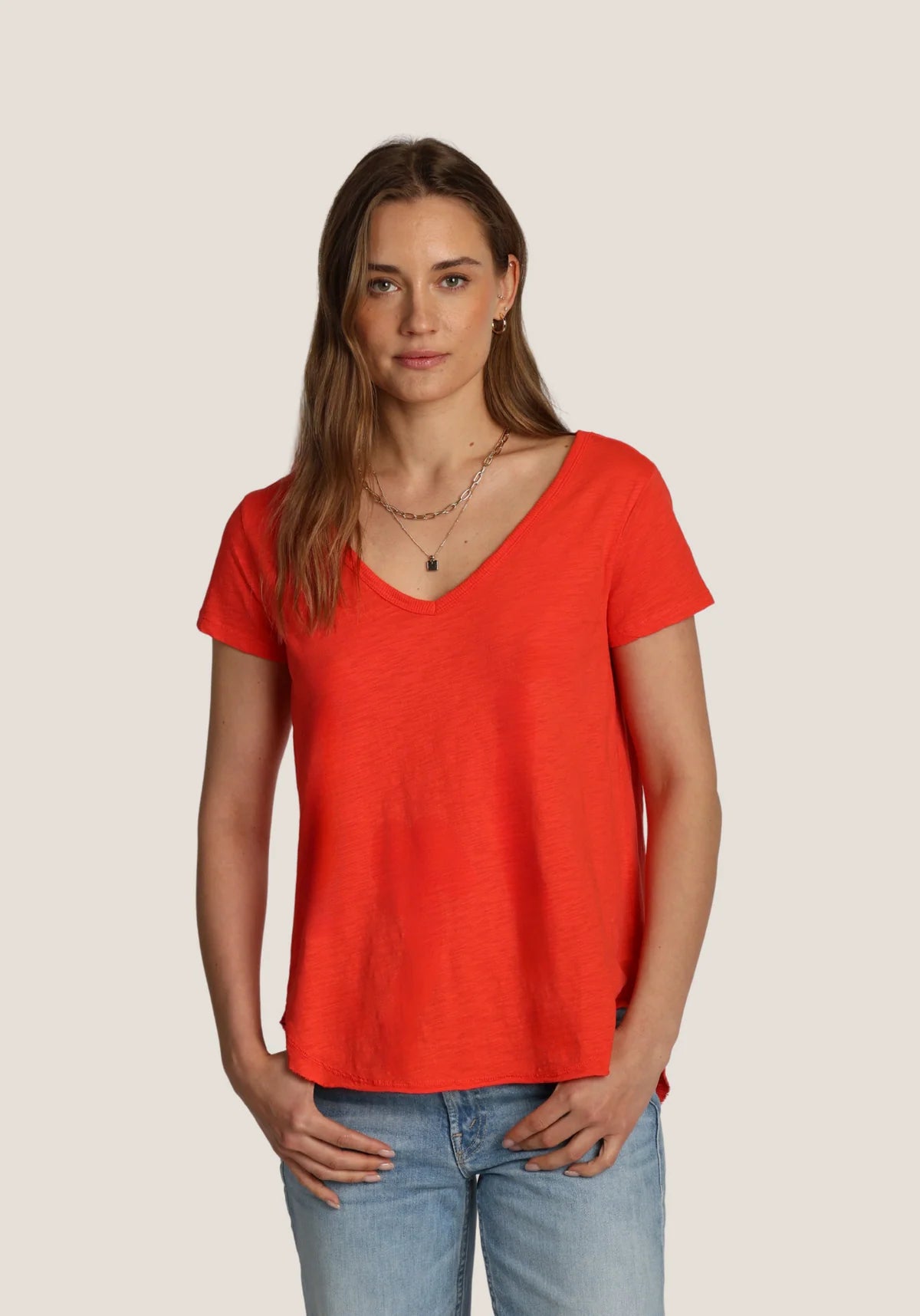 Short Sleeve Deep V Tee - Poppy Red by Dylan | 25 South Boutiques