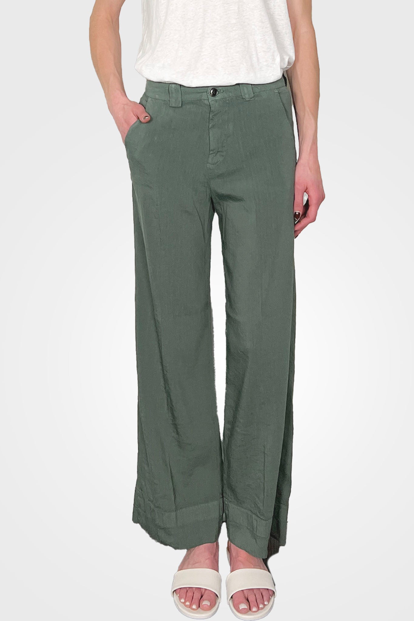 Wide Leg Hem Trousers - Dark Green by White Sand — alternate view