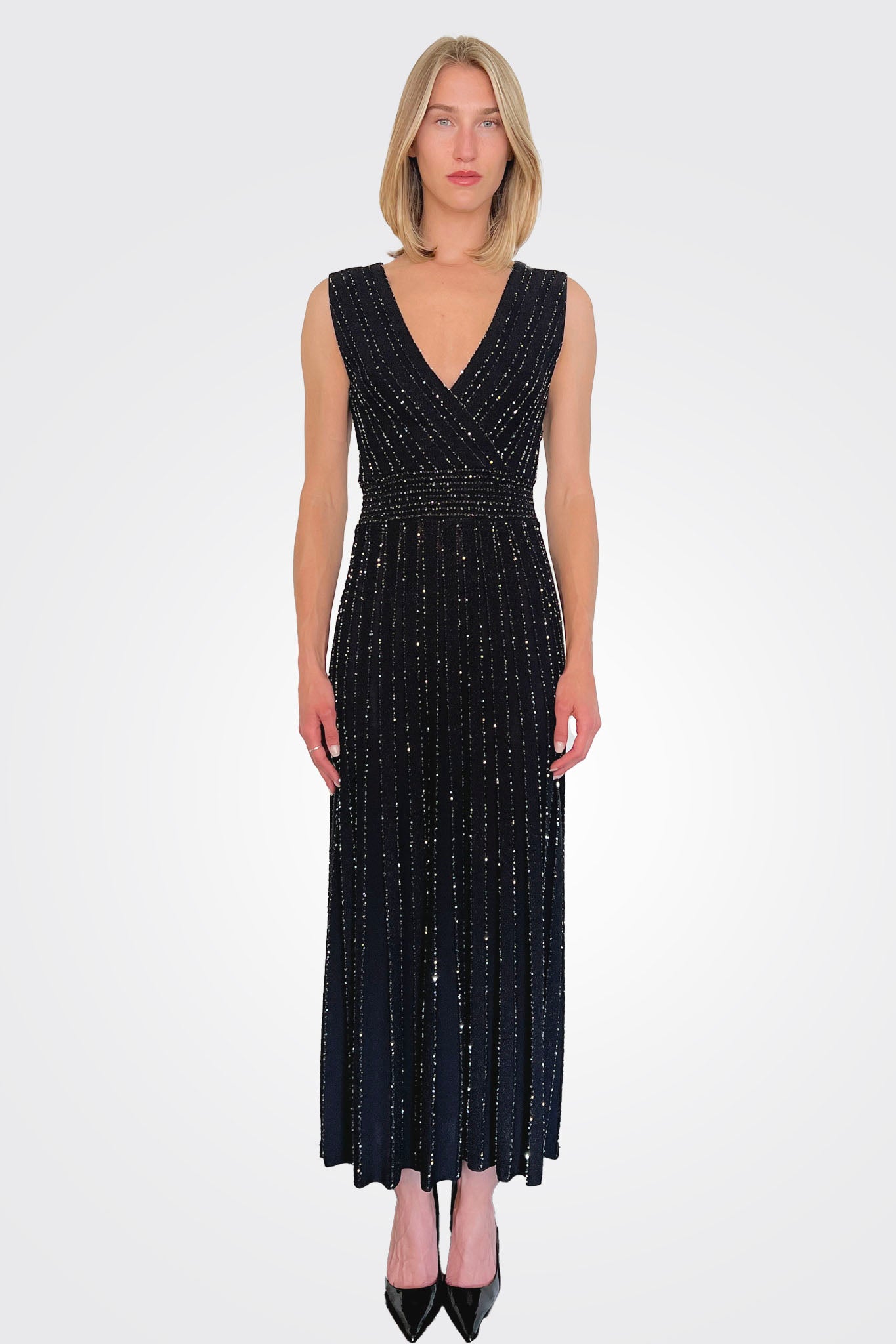 Sequin Stripe V Neck Dress - Nero by D. Exterior | 25 South Boutiques