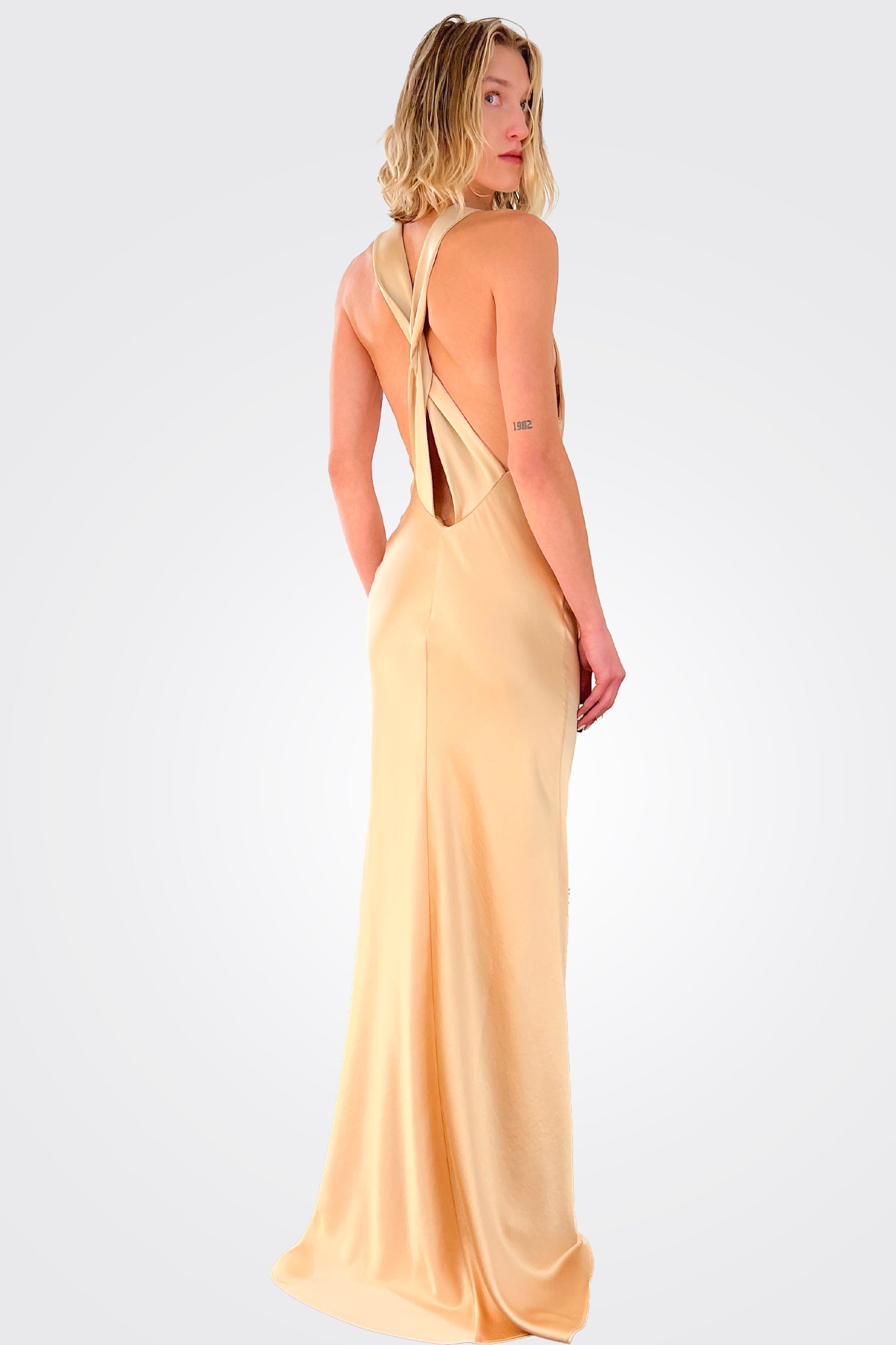 Eliah Cross Back Dress - Champagne by Ronny Kobo — alternate view