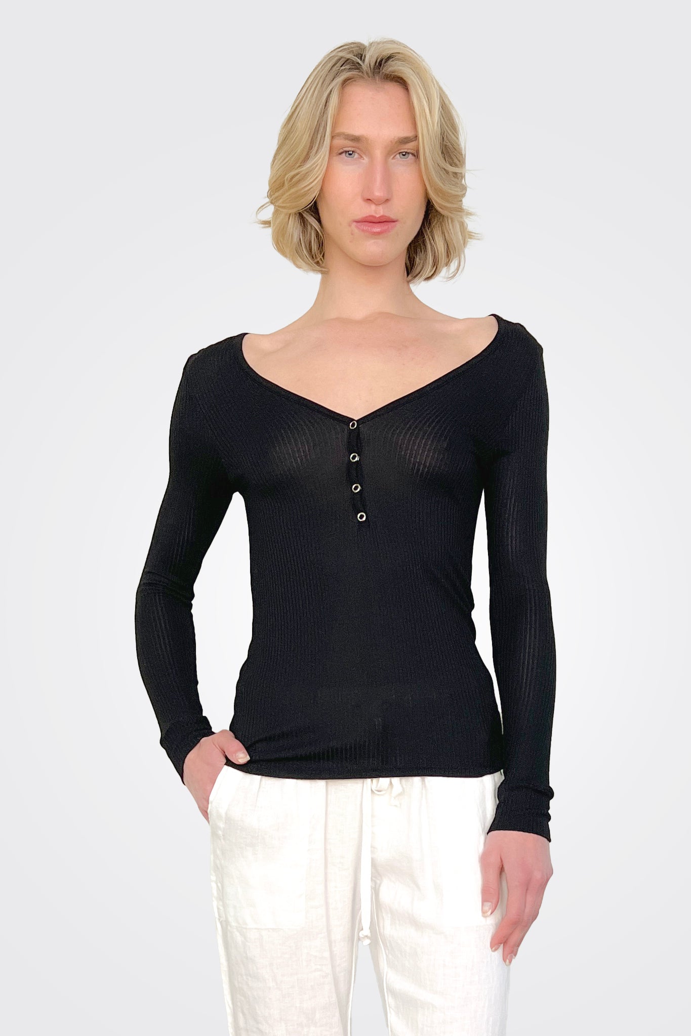 Rib Knit Henley - Black by Enza Costa | 25 South Boutiques