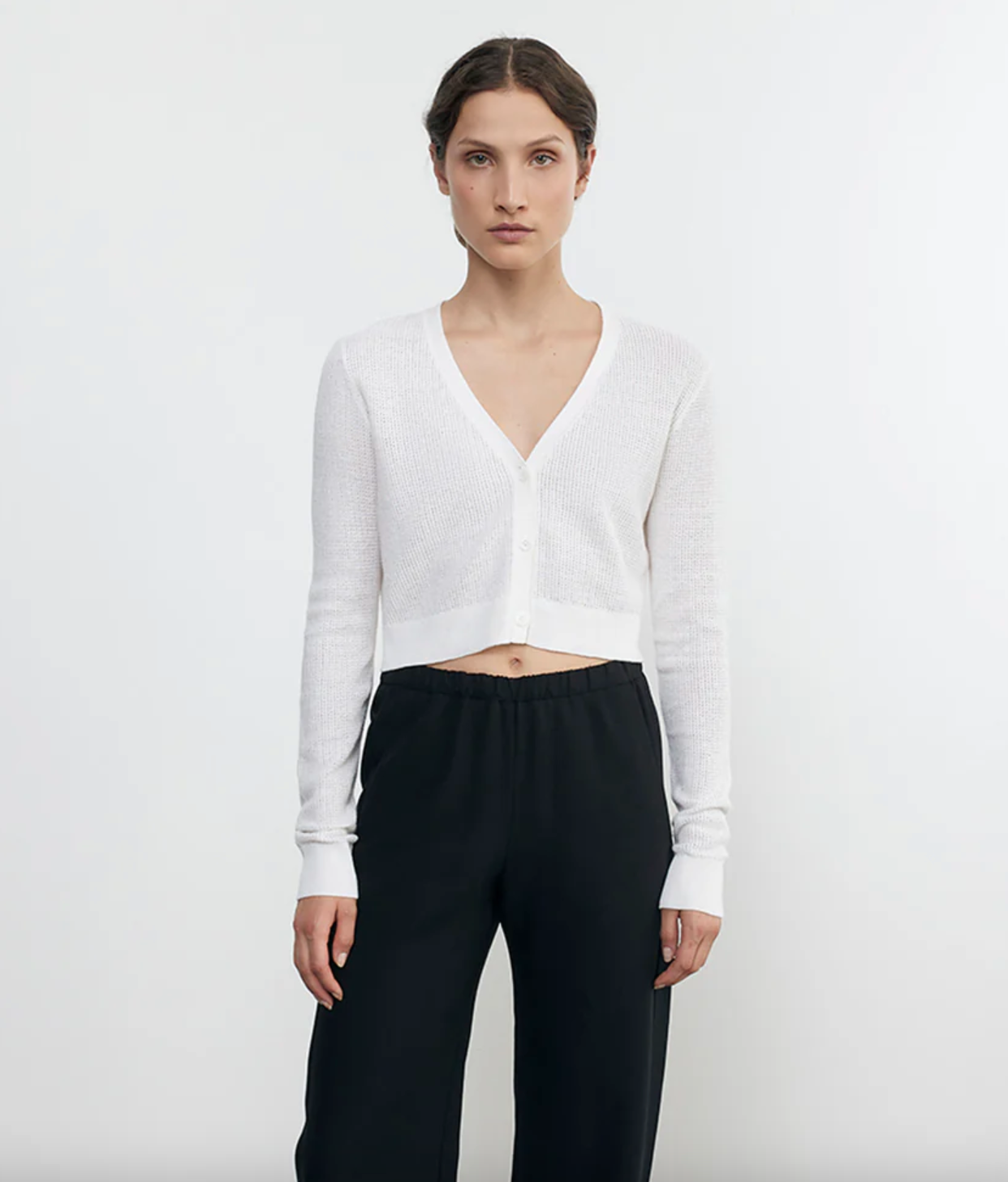 Linen Open Knit Cropped V Neck Cardigan - White by Enza Costa | 25 South Boutiques