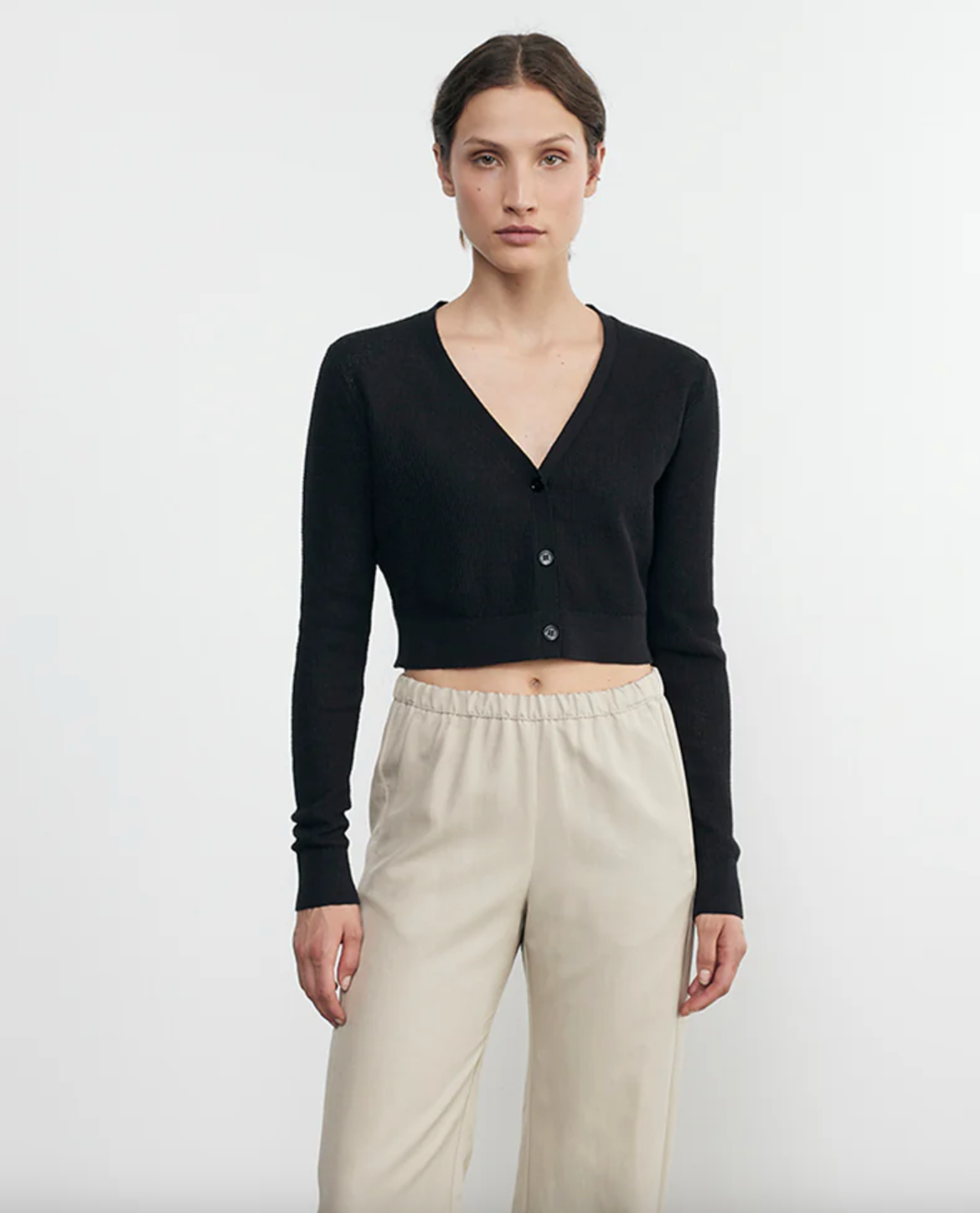 Linen Open Knit Cropped V Neck Cardigan - Black by Enza Costa | 25 South Boutiques