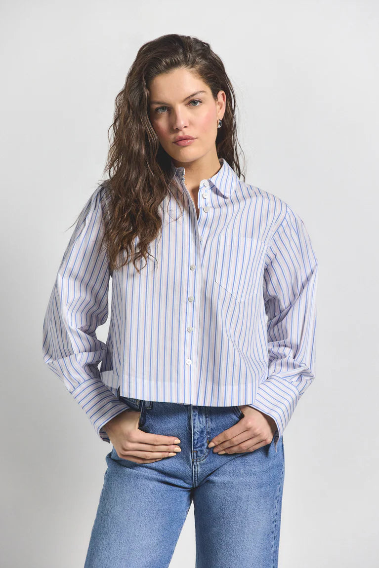 Estrella Striped Cropped Button Down - Blue Multi by Derek Lam | 25 South Boutiques
