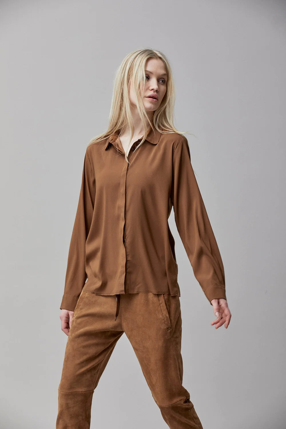 Silk Satin Shirt - Camel by Kristensen — view 6