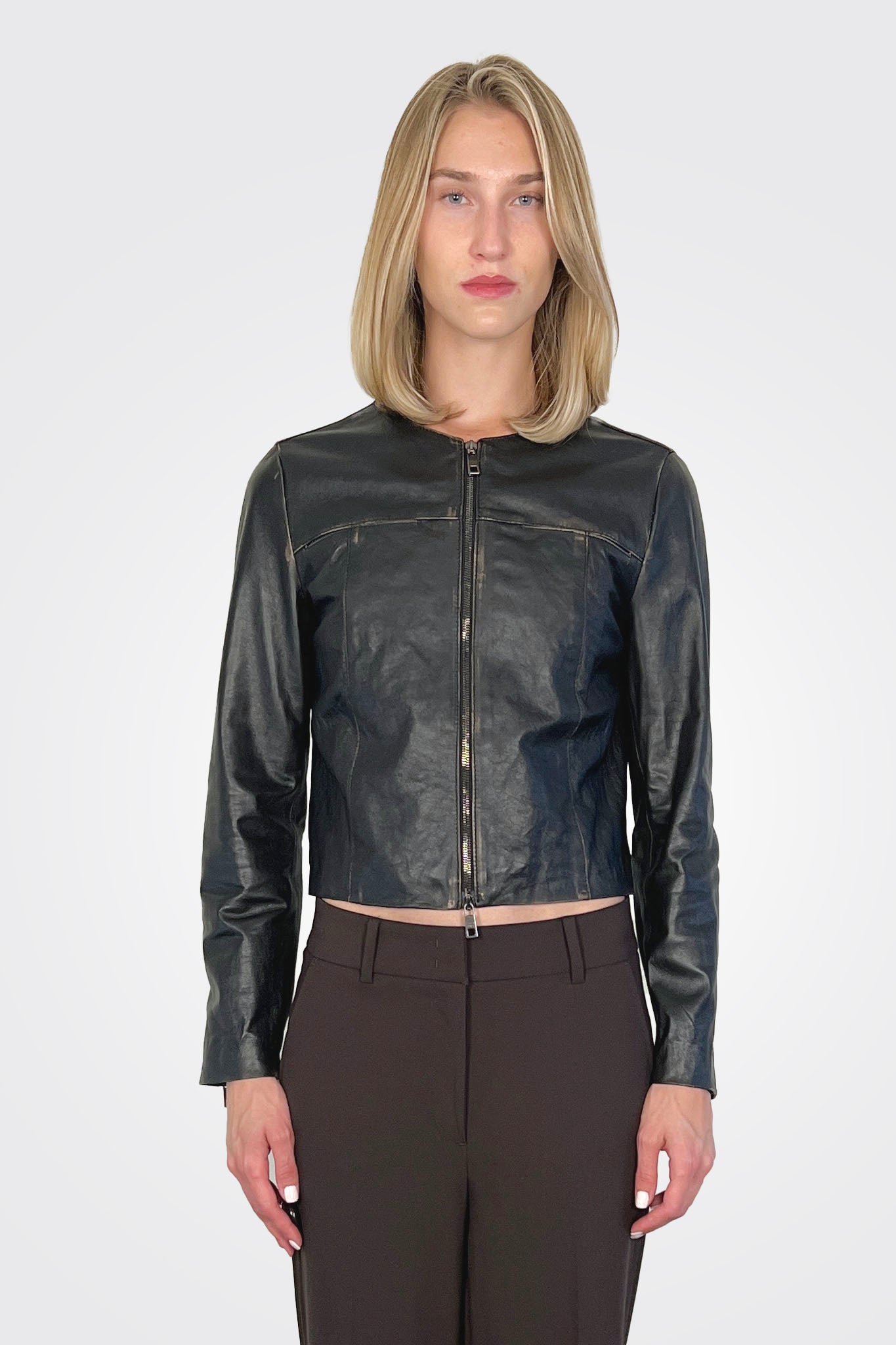 Collarless Crop Moto Jacket - Fango Vintage by Giorgio Brato | 25 South Boutiques