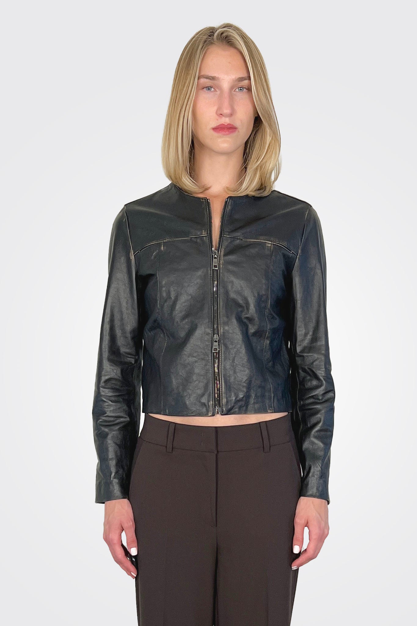 Collarless Crop Moto Jacket - Fango Vintage by Giorgio Brato — alternate view