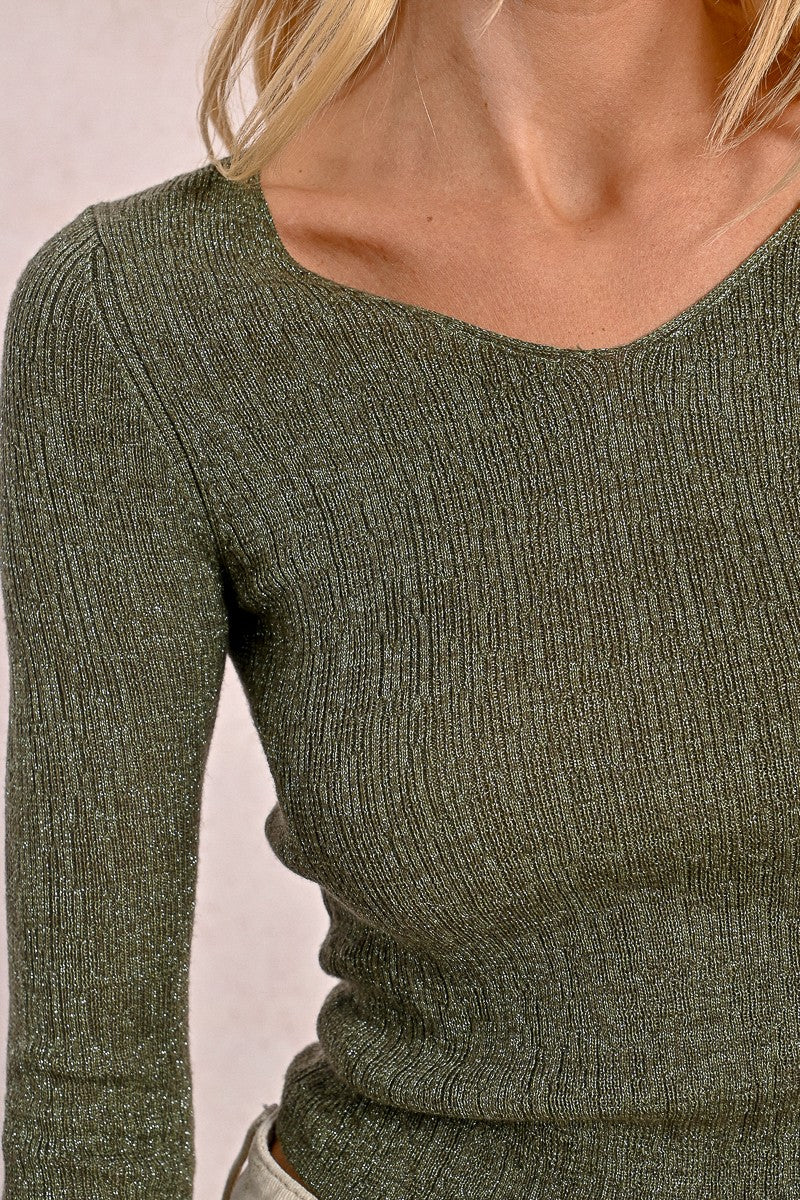 Wide Collar Fitted Sweater - Khaki by Molly Bracken — alternate view