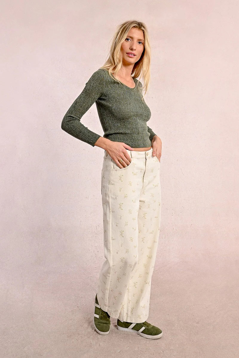 Wide Collar Fitted Sweater - Khaki by Molly Bracken — view 4
