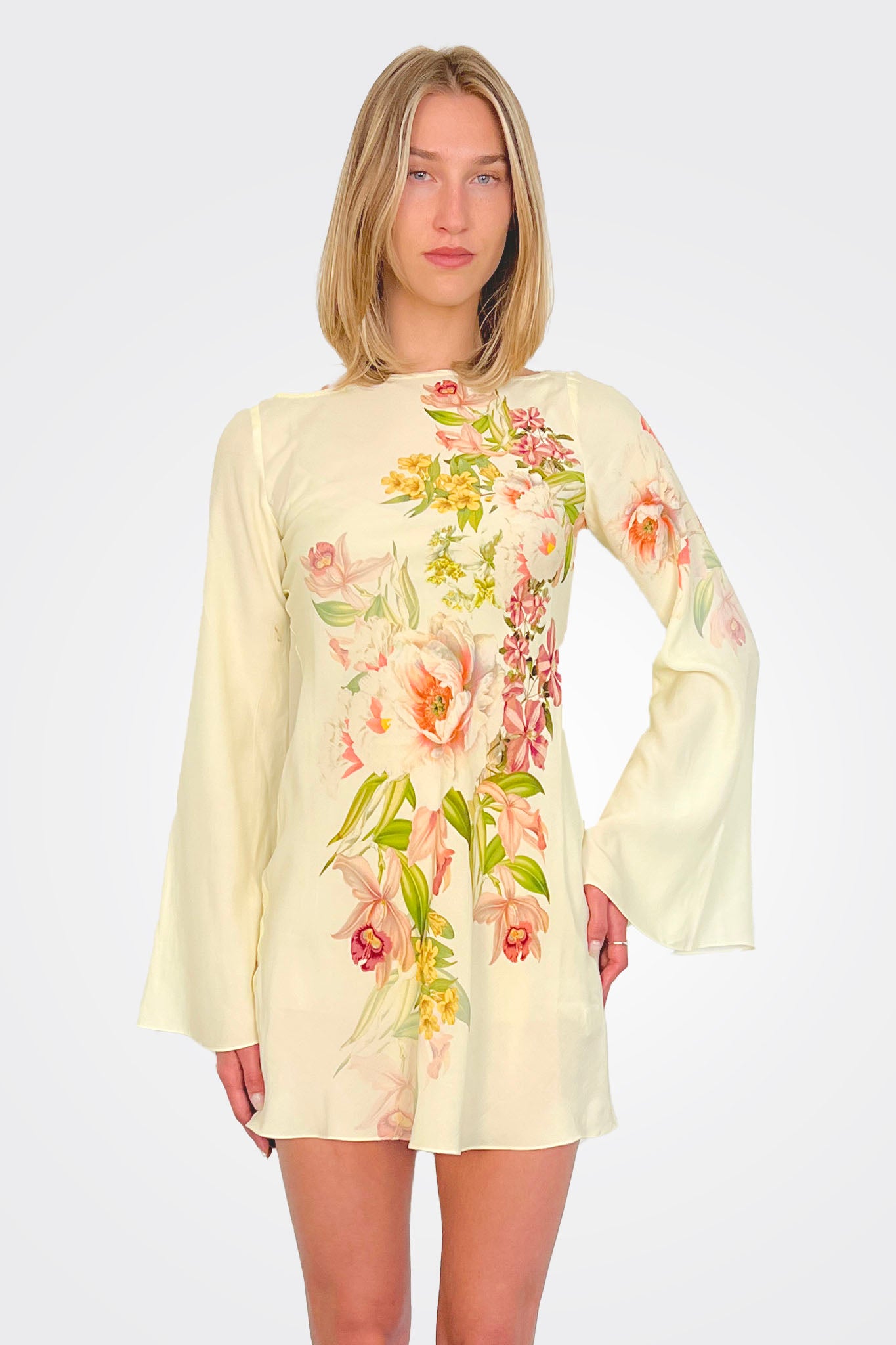Aiva Long Sleeve Short Dress - Ivory Floral by Hemant & Nandita — alternate view