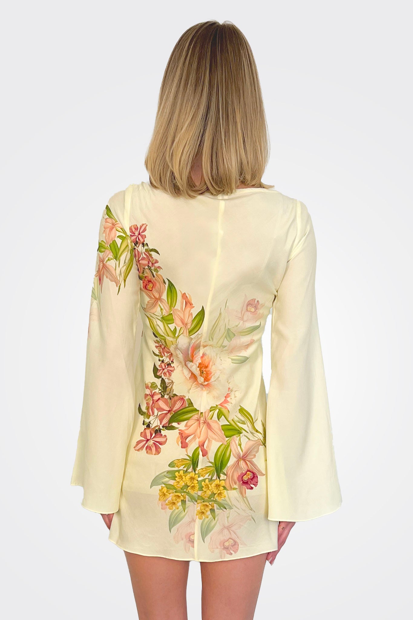 Aiva Long Sleeve Short Dress - Ivory Floral by Hemant & Nandita — view 3