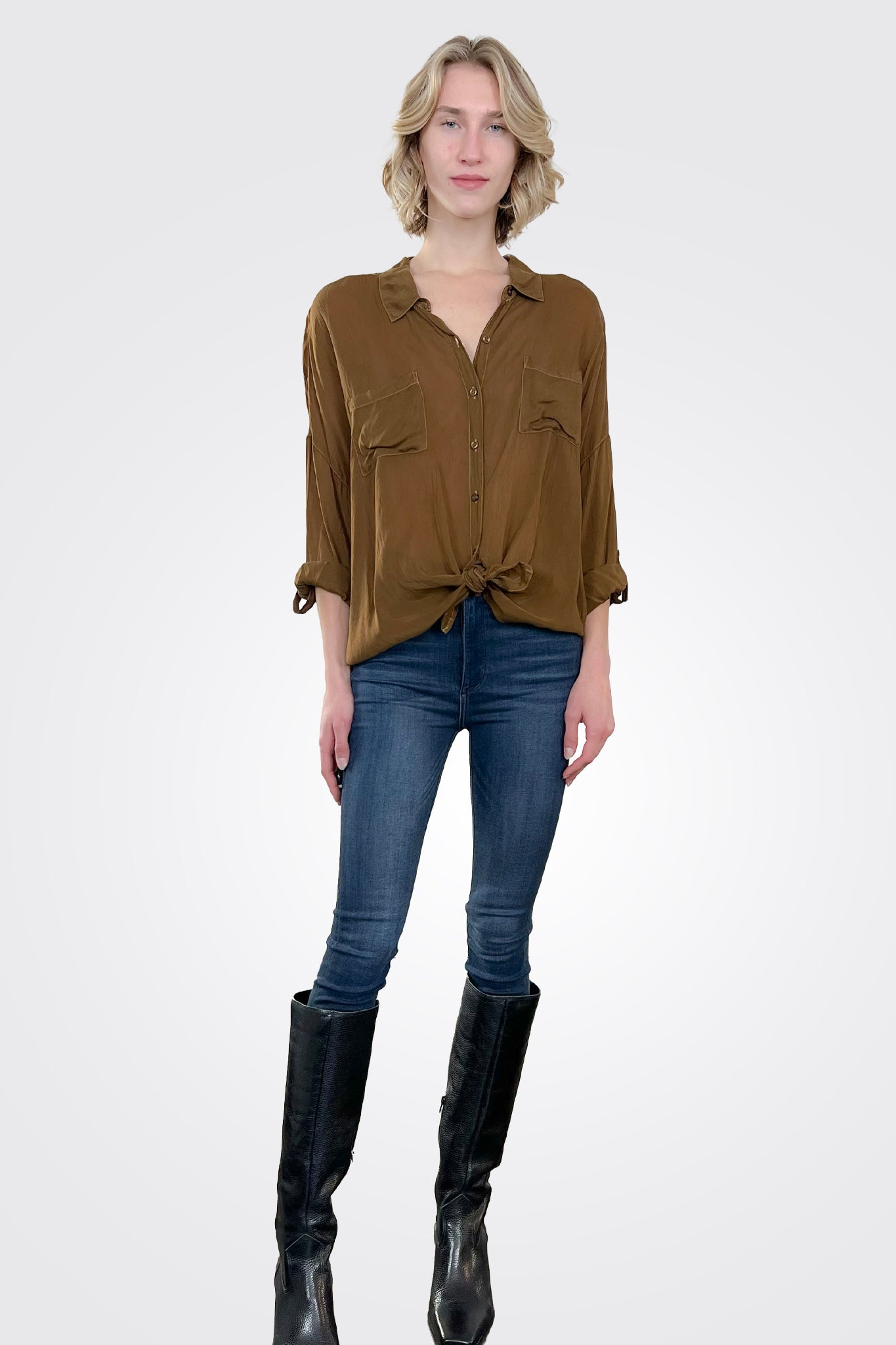 Cargo Pocket Tie Front Top - Ginger by Maven West — view 3