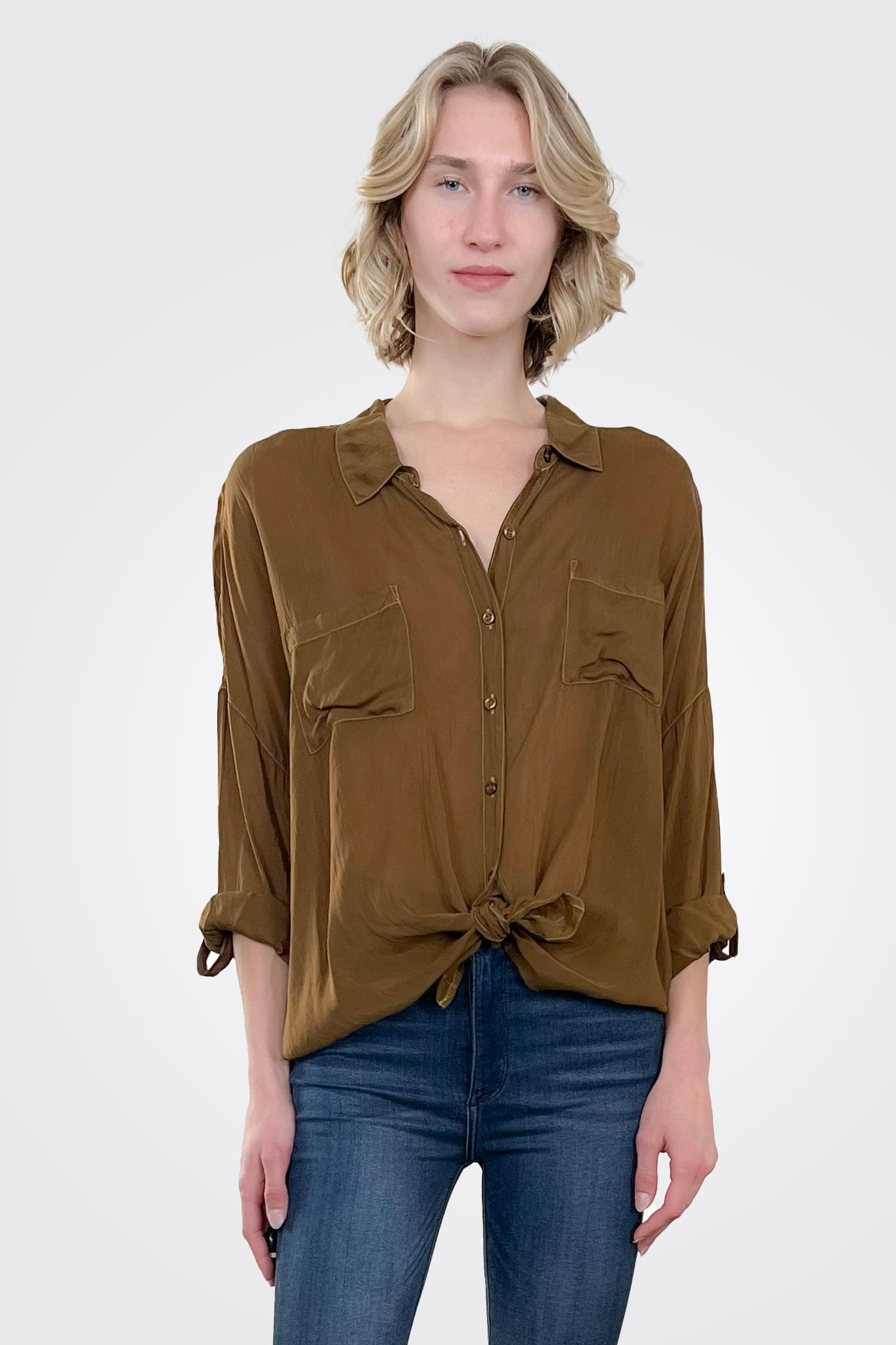Cargo Pocket Tie Front Top - Ginger by Maven West | 25 South Boutiques