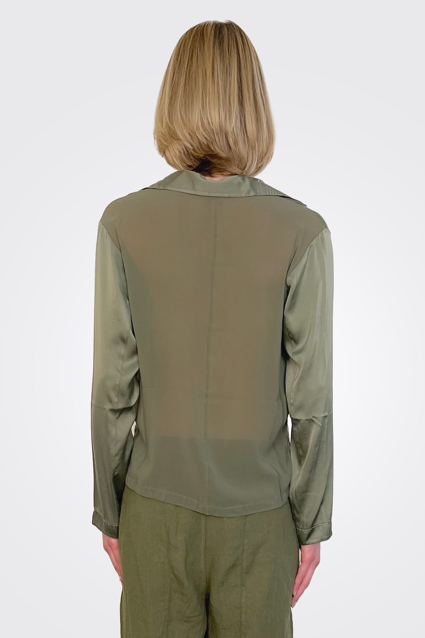 Long Sleeve Stretch Silk Satin Shirt - Green by Transit Par-Such — alternate view