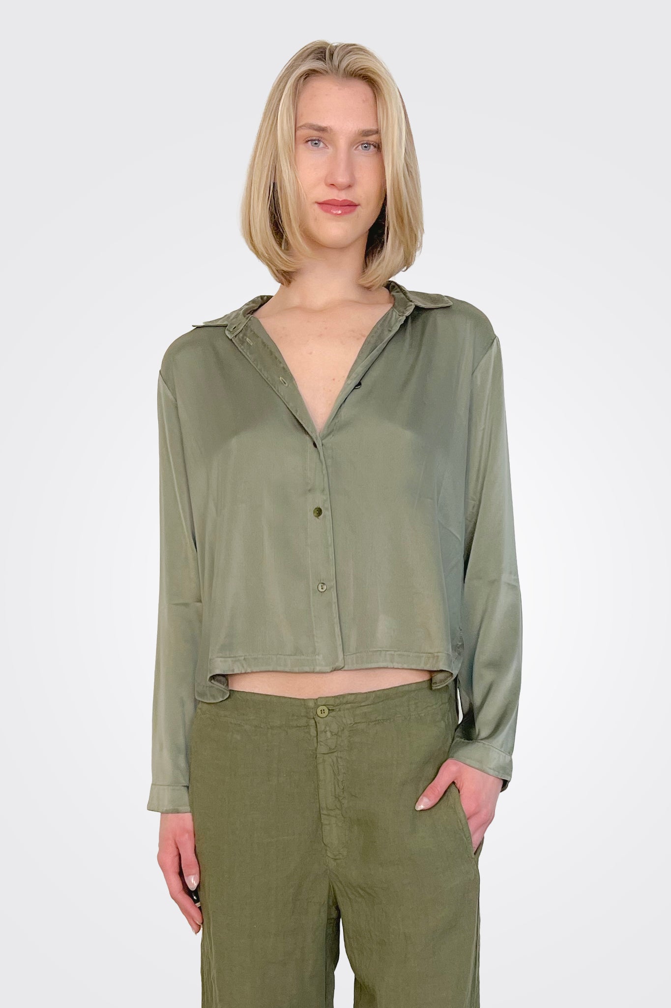 Long Sleeve Stretch Silk Satin Shirt - Green by Transit Par-Such | 25 South Boutiques