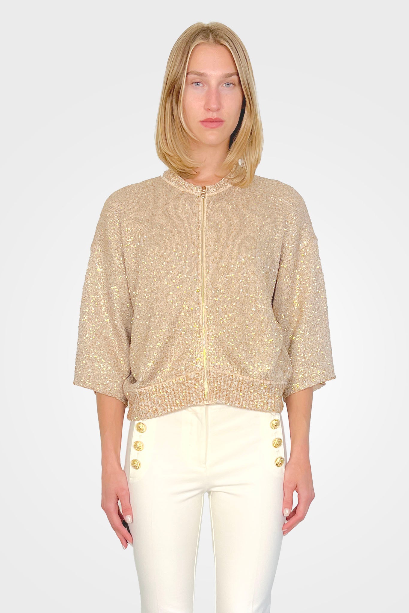 Short Sleeve Sequins Knit Cardigan - Beige by Nude Italy — alternate view