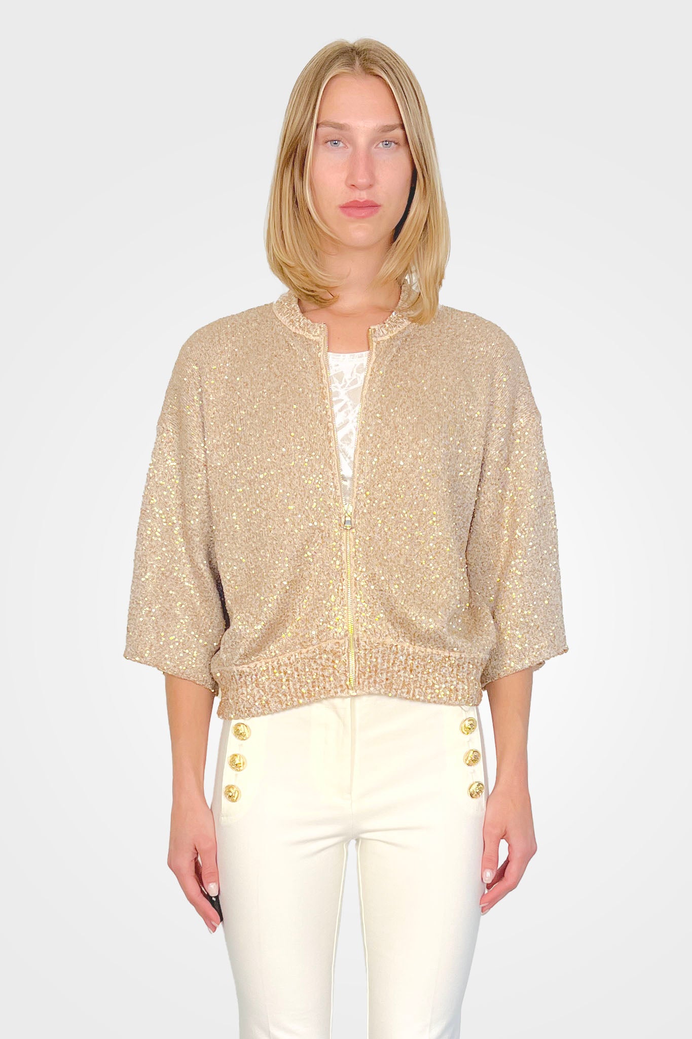 Short Sleeve Sequins Knit Cardigan - Beige by Nude Italy — view 3