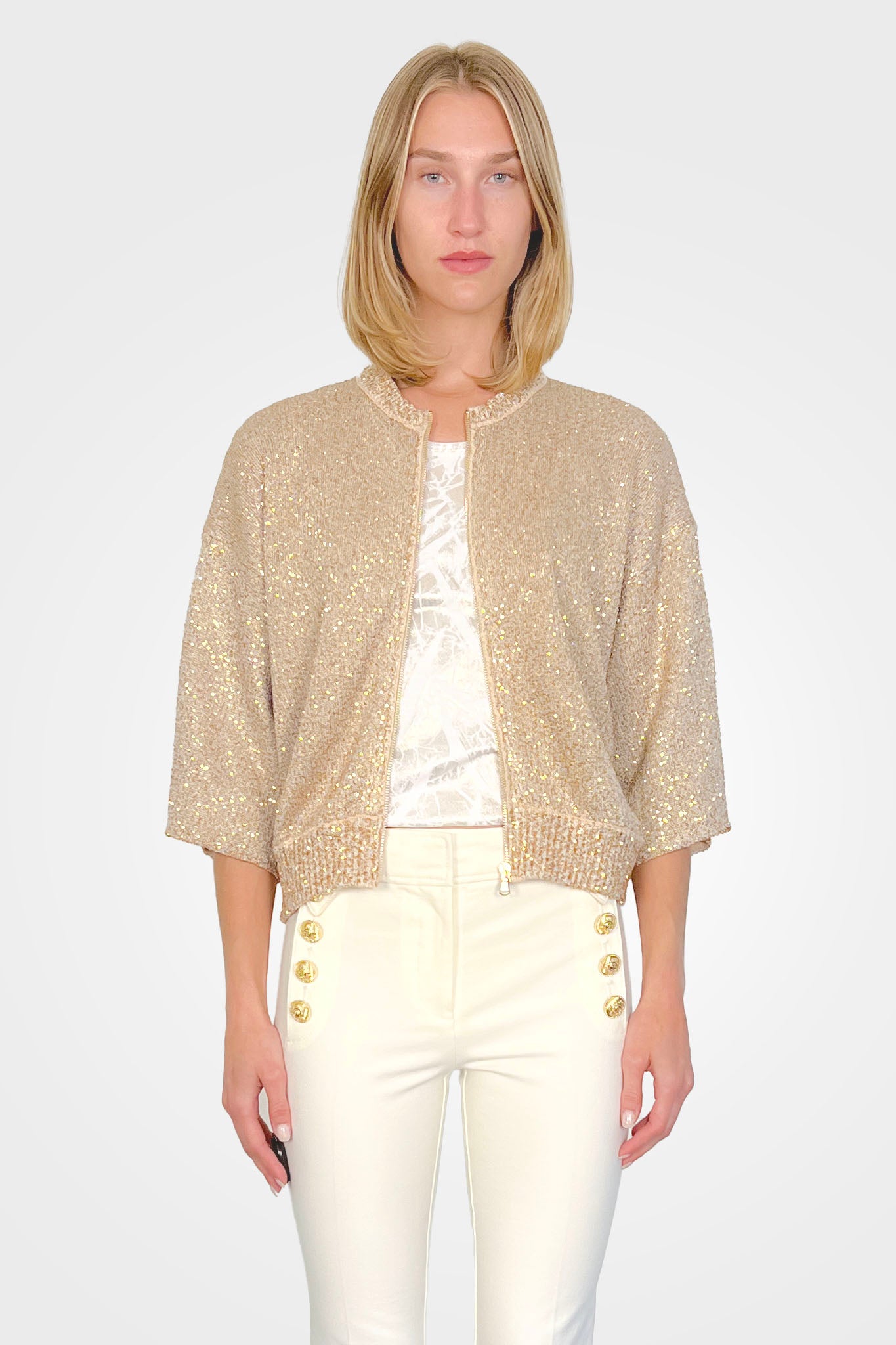Short Sleeve Sequins Knit Cardigan - Beige by Nude Italy | 25 South Boutiques